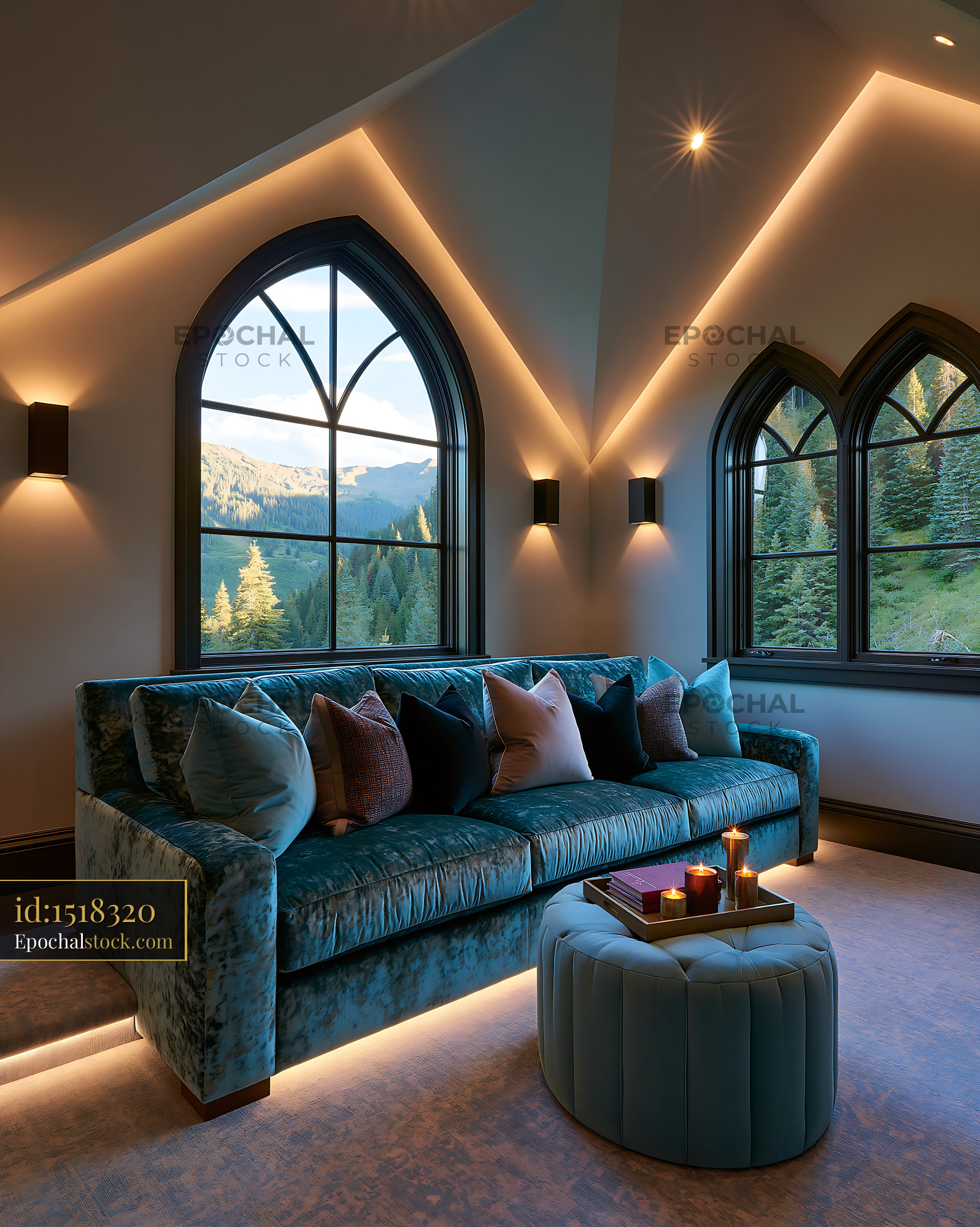 Watermarked full-resolution preview of Cozy living room with view of mountains and trees