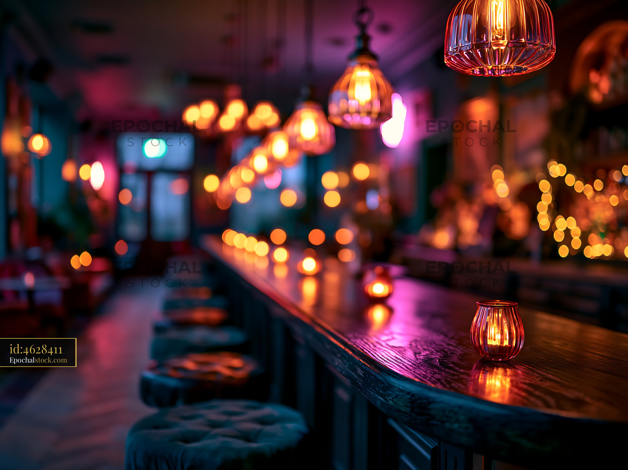 Watermarked full-resolution preview of Bar interior with glowing lanterns and warm lighting at night