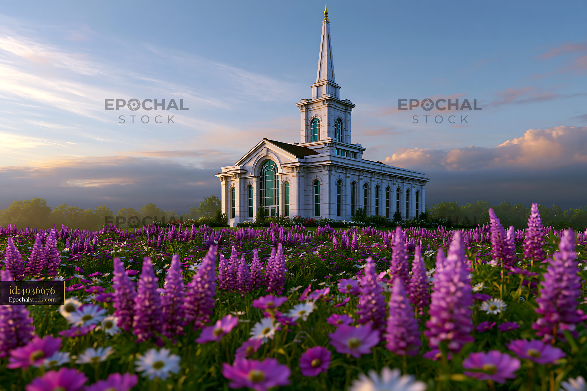 Watermarked full-resolution preview of Church surrounded by flowers at sunset