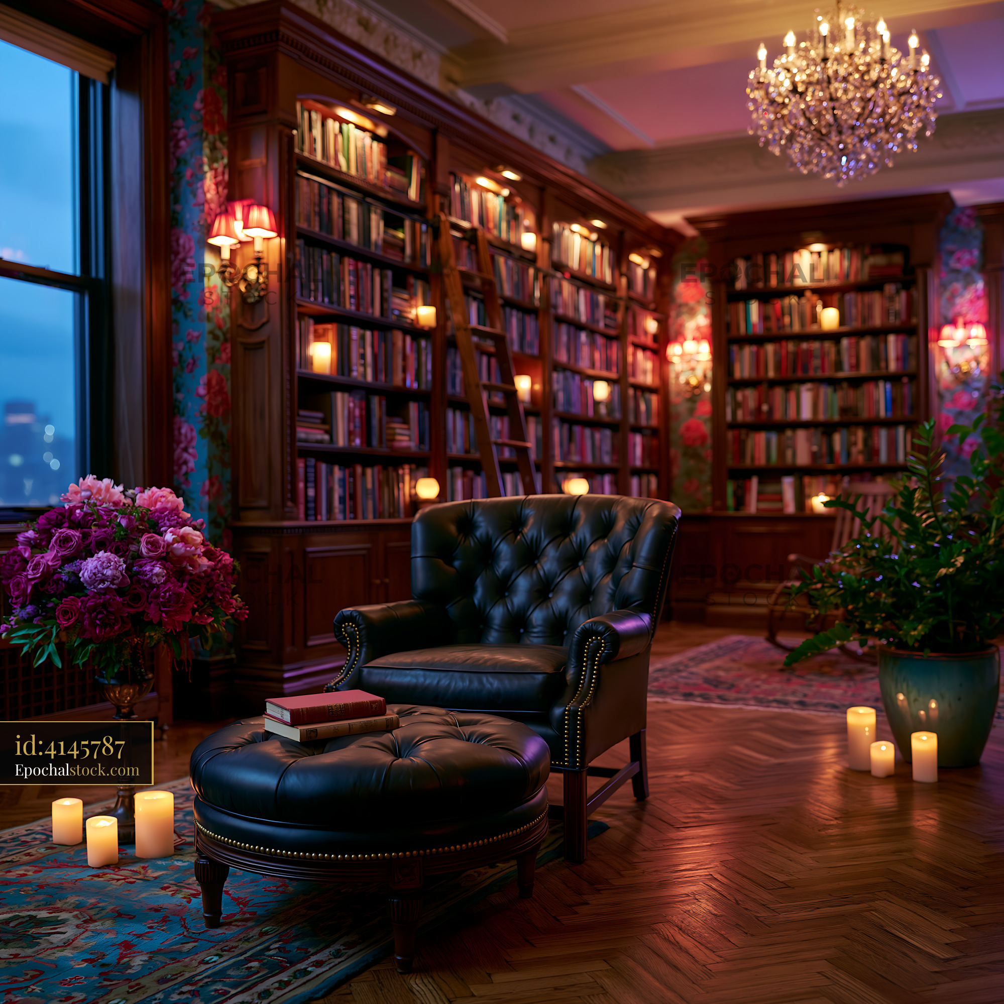 Watermarked full-resolution preview of Cozy reading corner in a library at dusk with modern decor