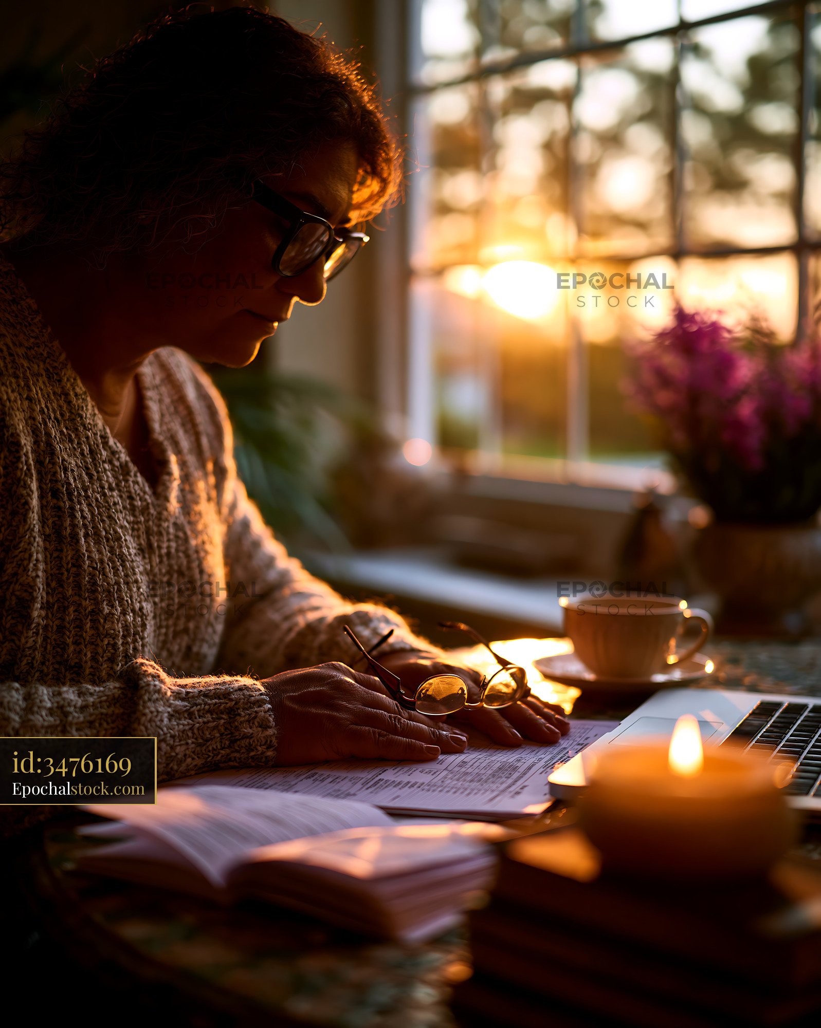 Watermarked full-resolution preview of Woman working on laptop during sunset at home