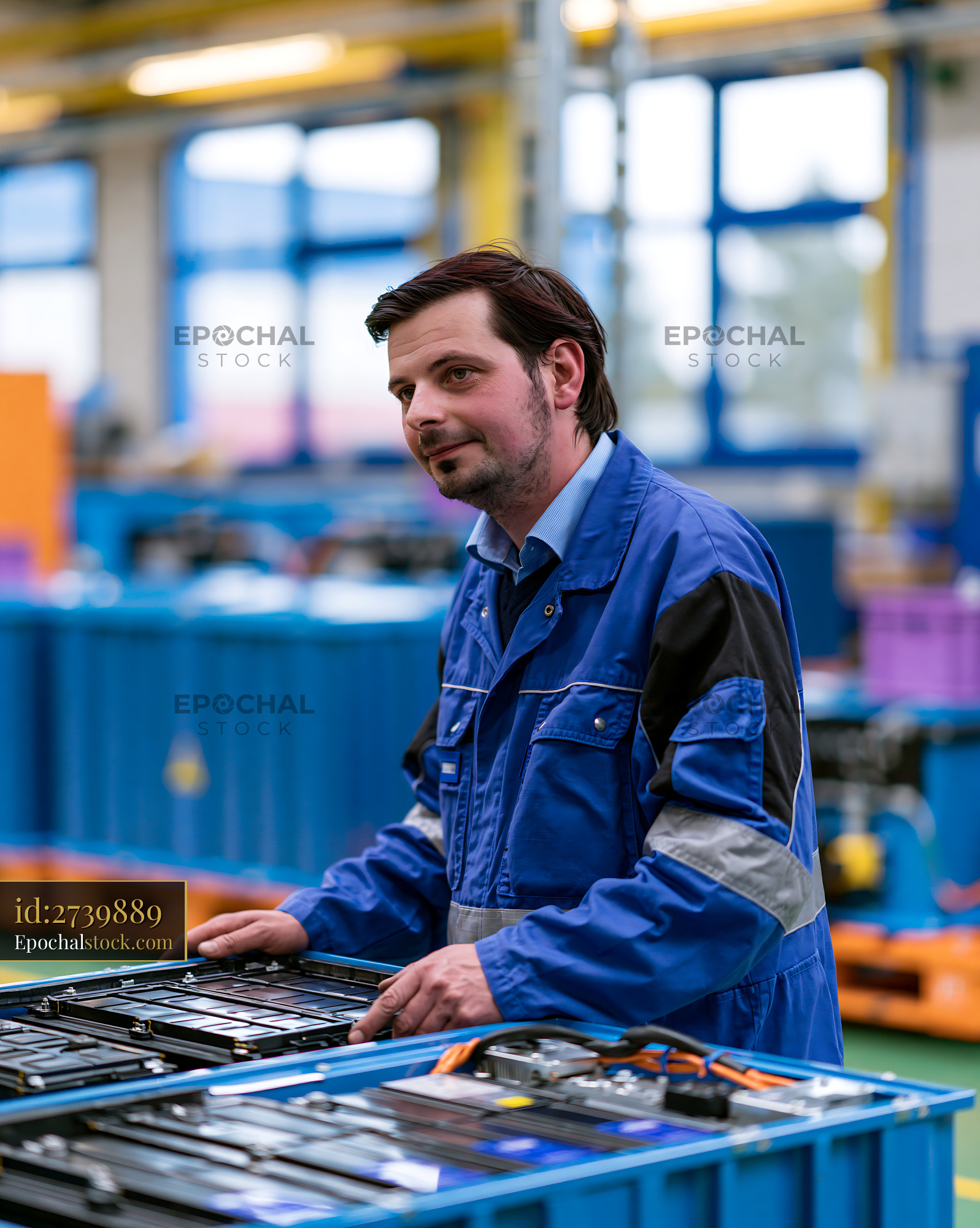 Watermarked full-resolution preview of Worker assembling battery packs in a manufacturing facility