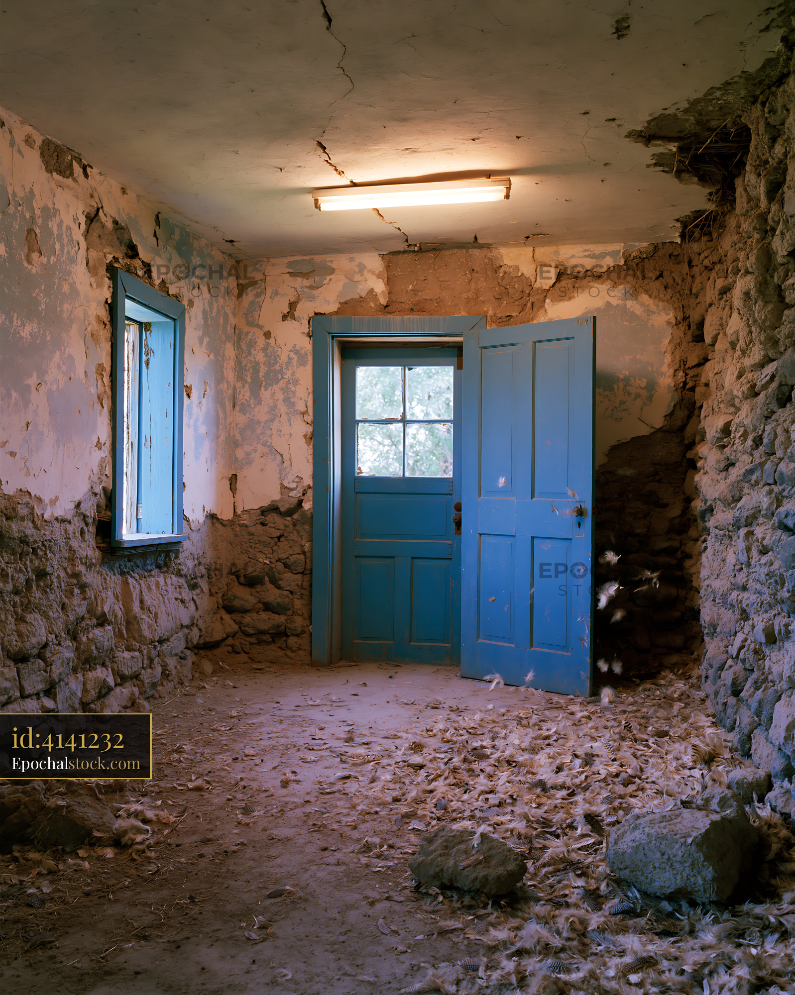 Watermarked full-resolution preview of Abandoned room with blue doors and peeling walls