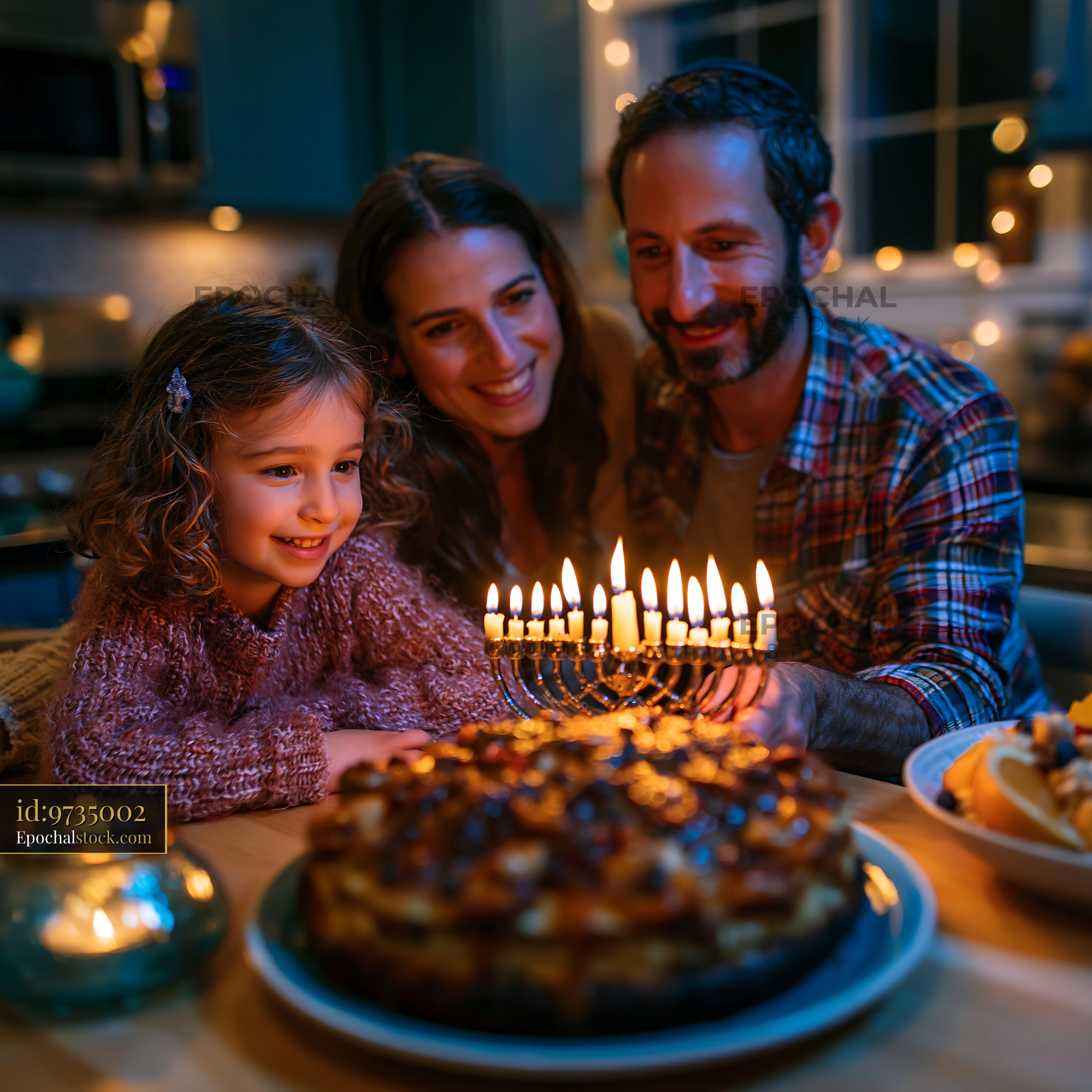 Watermarked full-resolution preview of Family celebration with candles and dessert at home