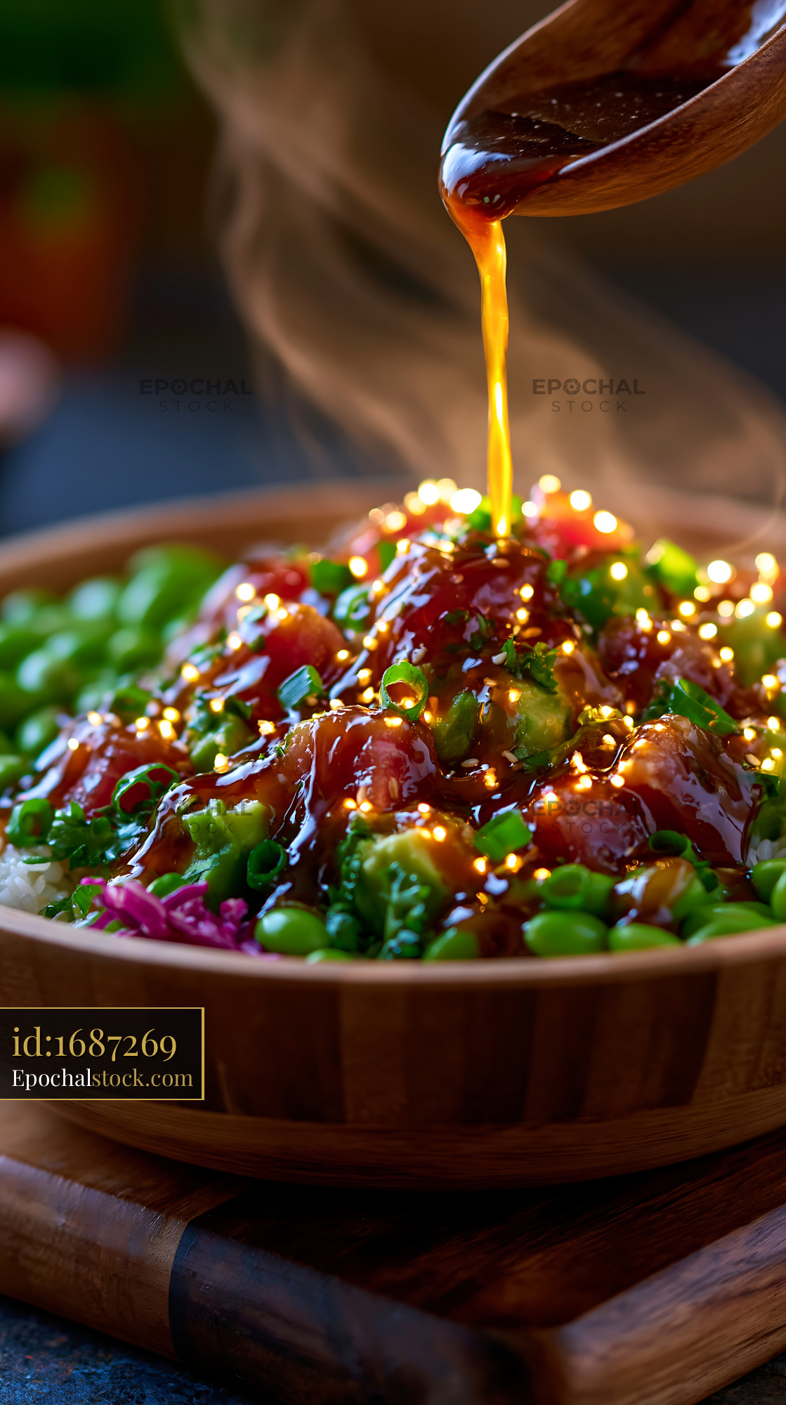 Watermarked full-resolution preview of Fresh salad with sauce being poured over the top