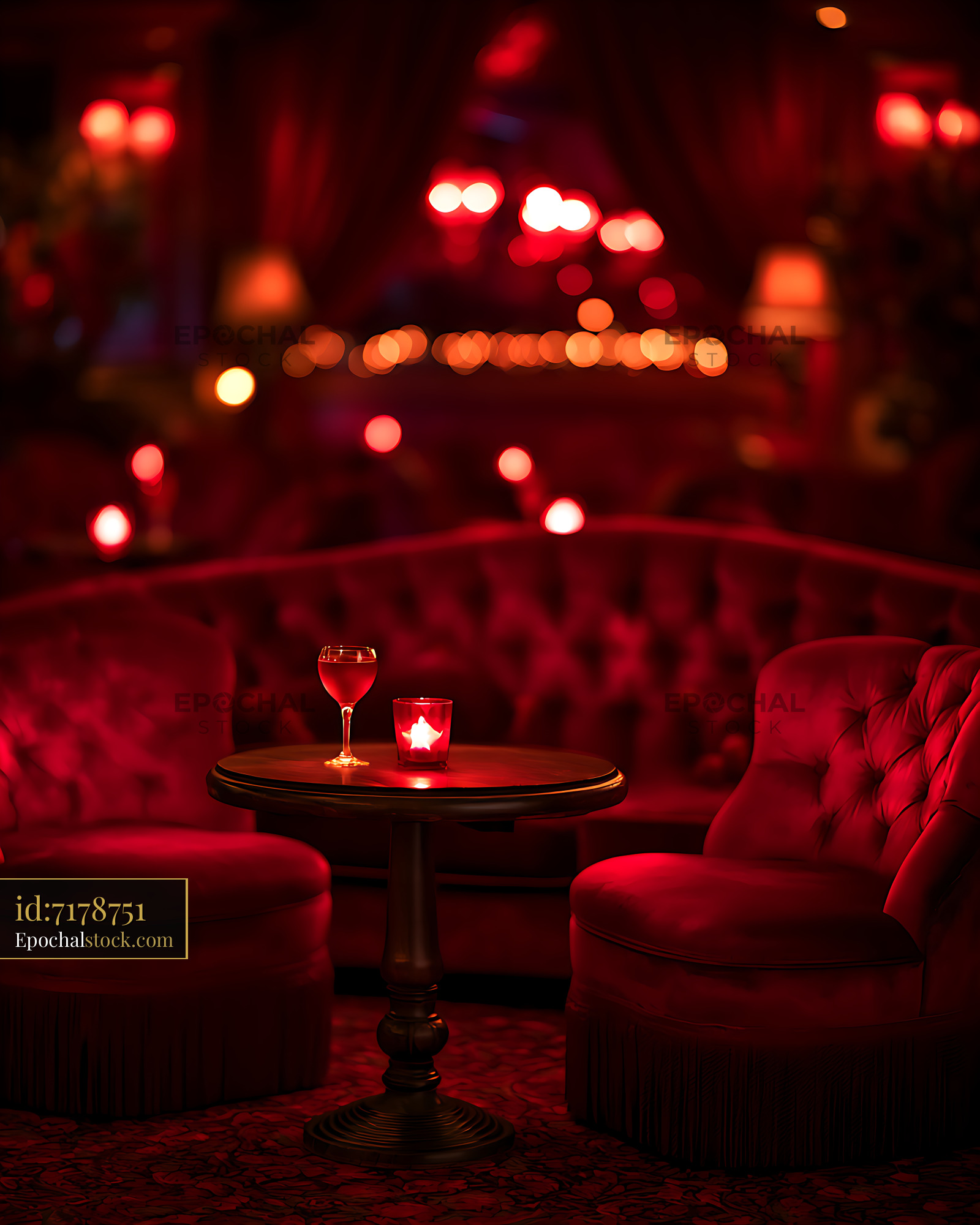 Watermarked full-resolution preview of Cozy red lounge interior with wine and candle