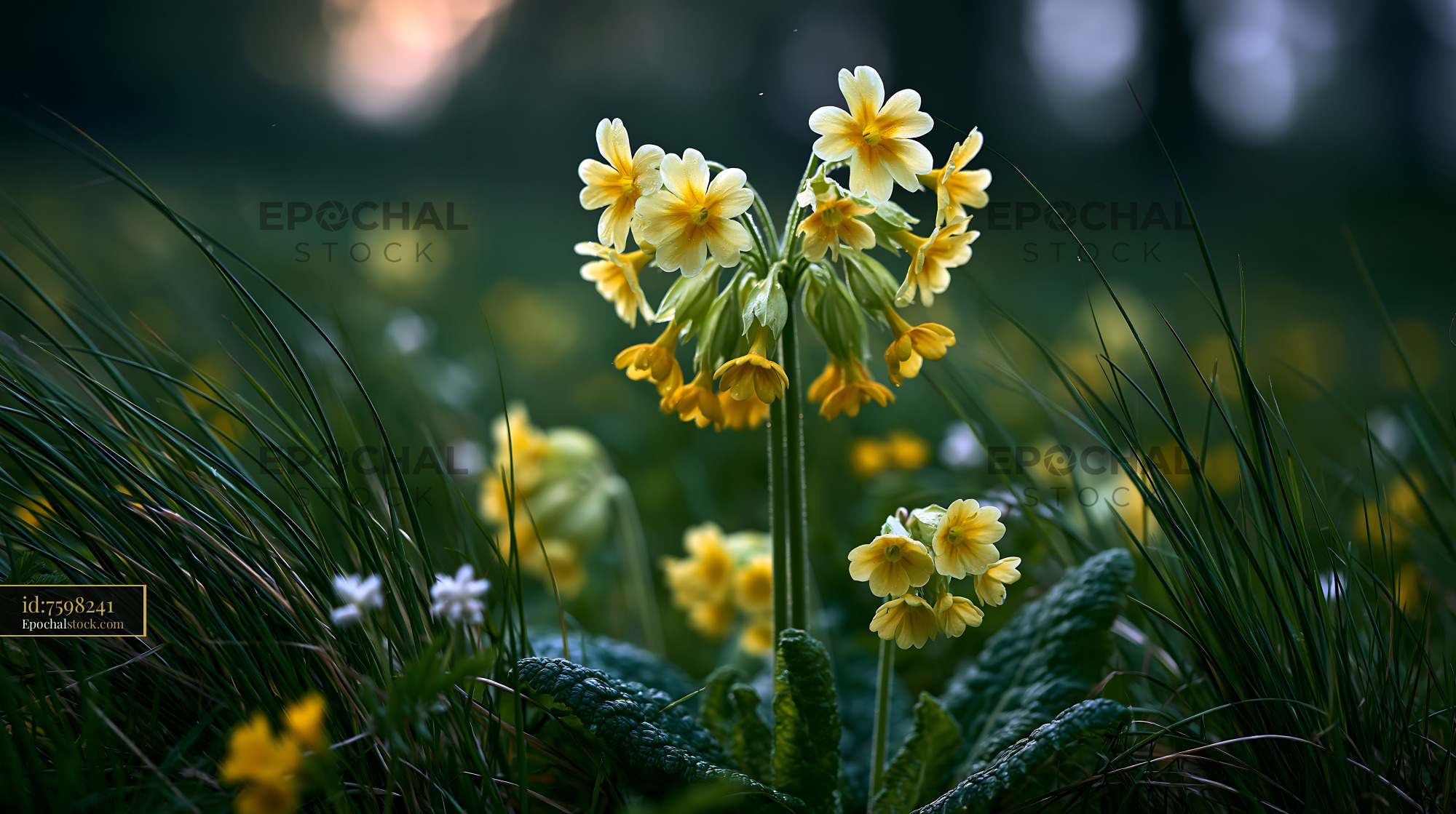 Watermarked full-resolution preview of Yellow wildflowers bloom in a field during evening light