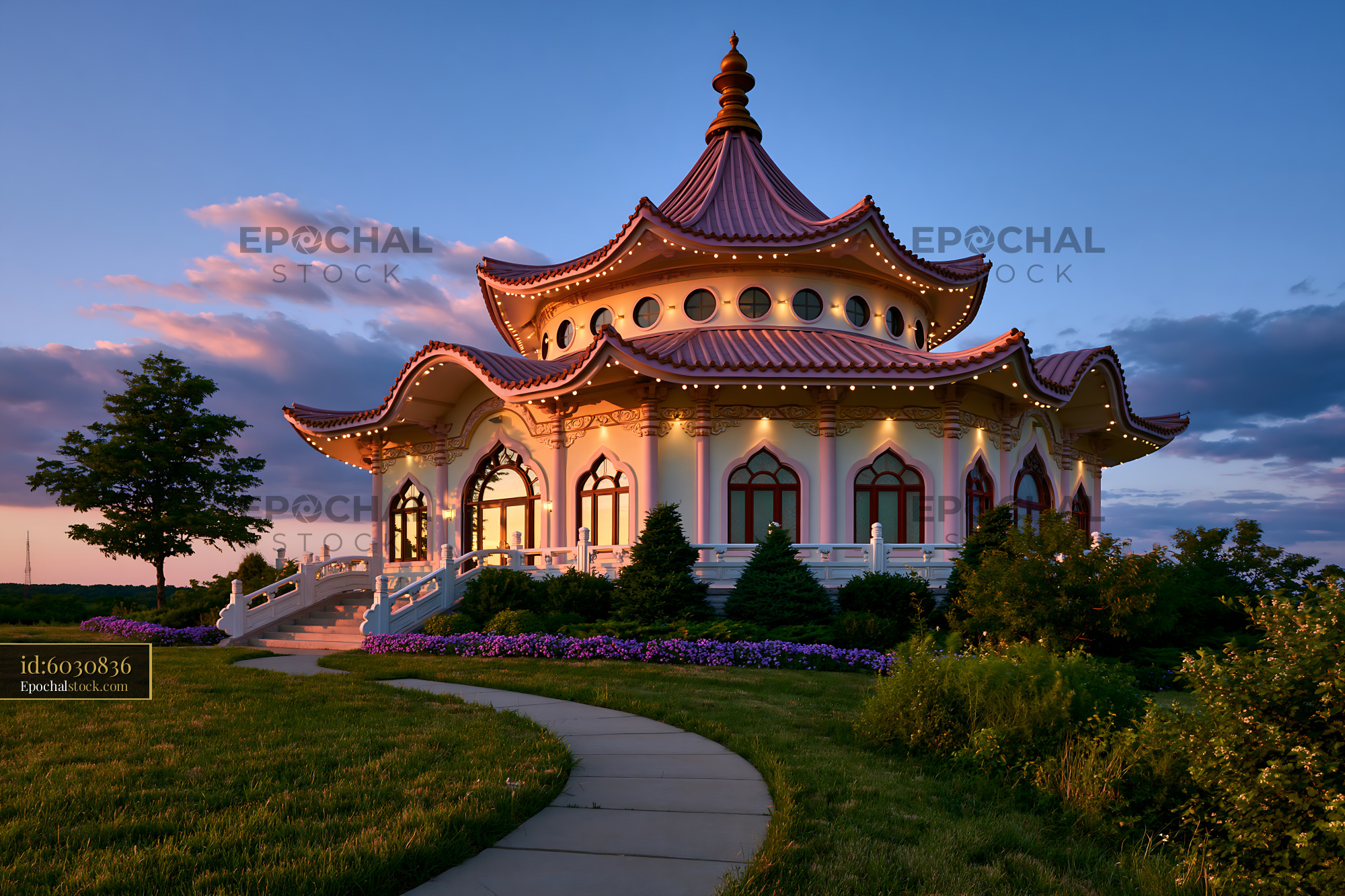 Watermarked full-resolution preview of Building with a curved roof and decorative lights at sunset