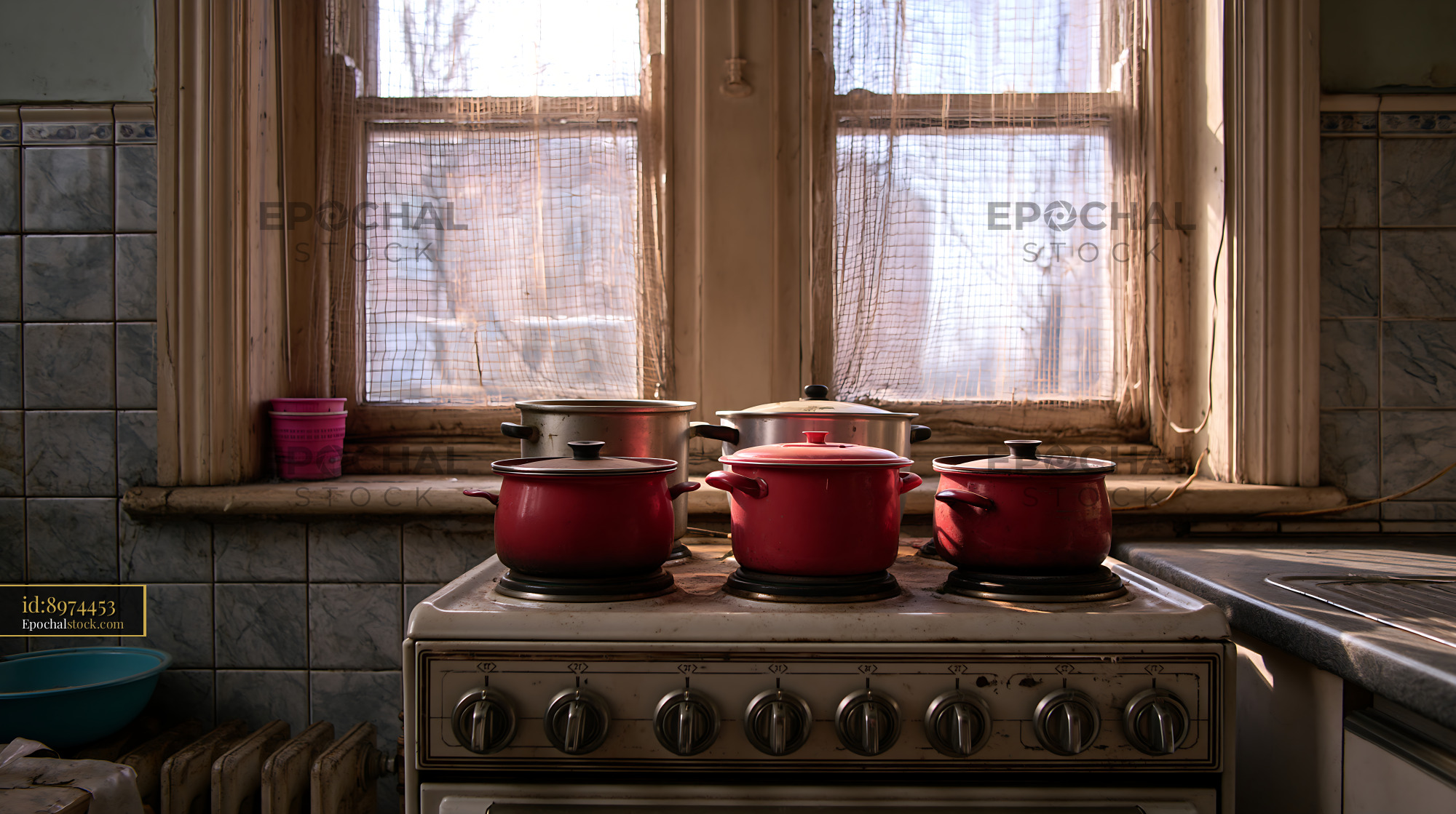 Watermarked full-resolution preview of Pots on a stove in an old kitchen by the window