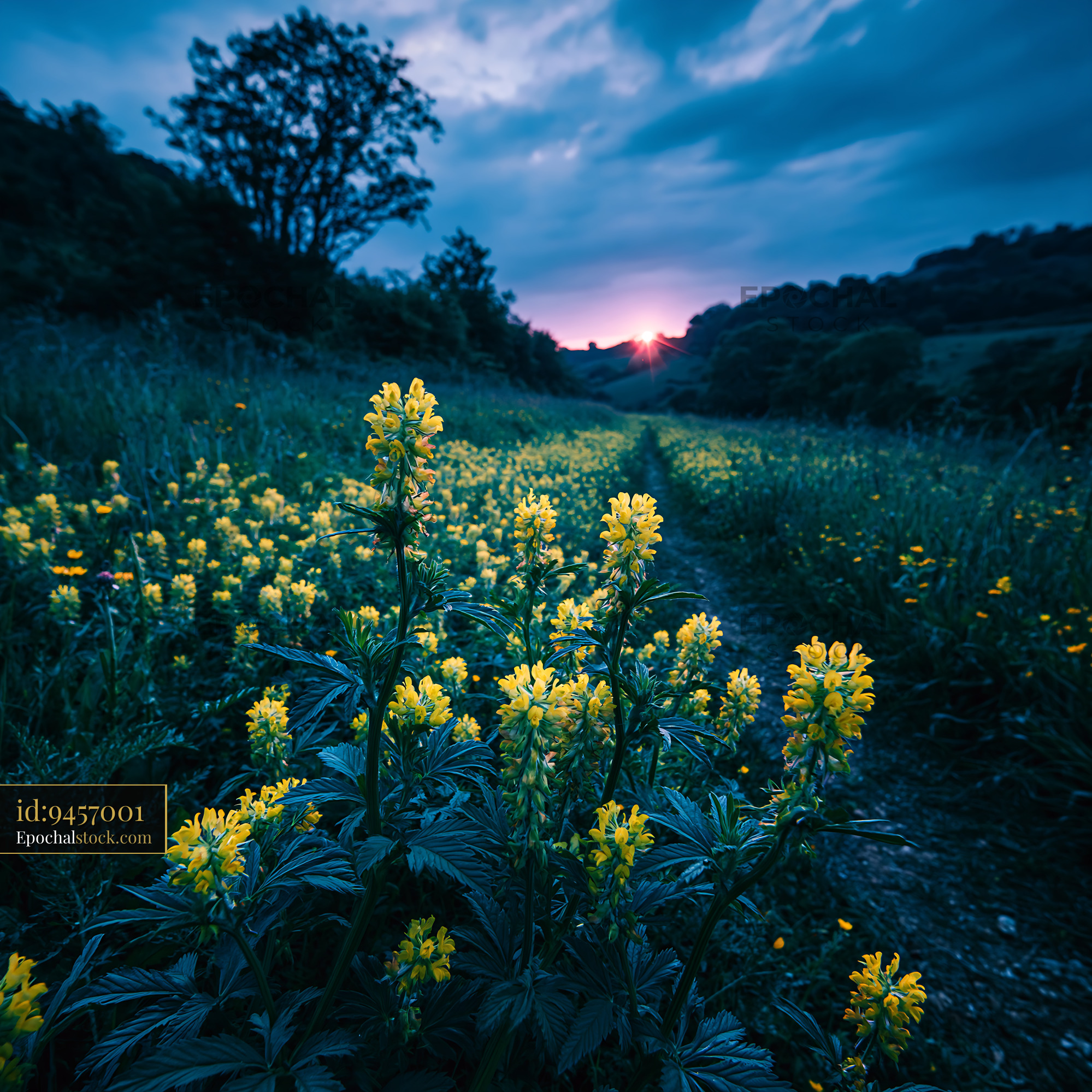 Watermarked full-resolution preview of Sunset over a field of yellow flowers near a wooded area