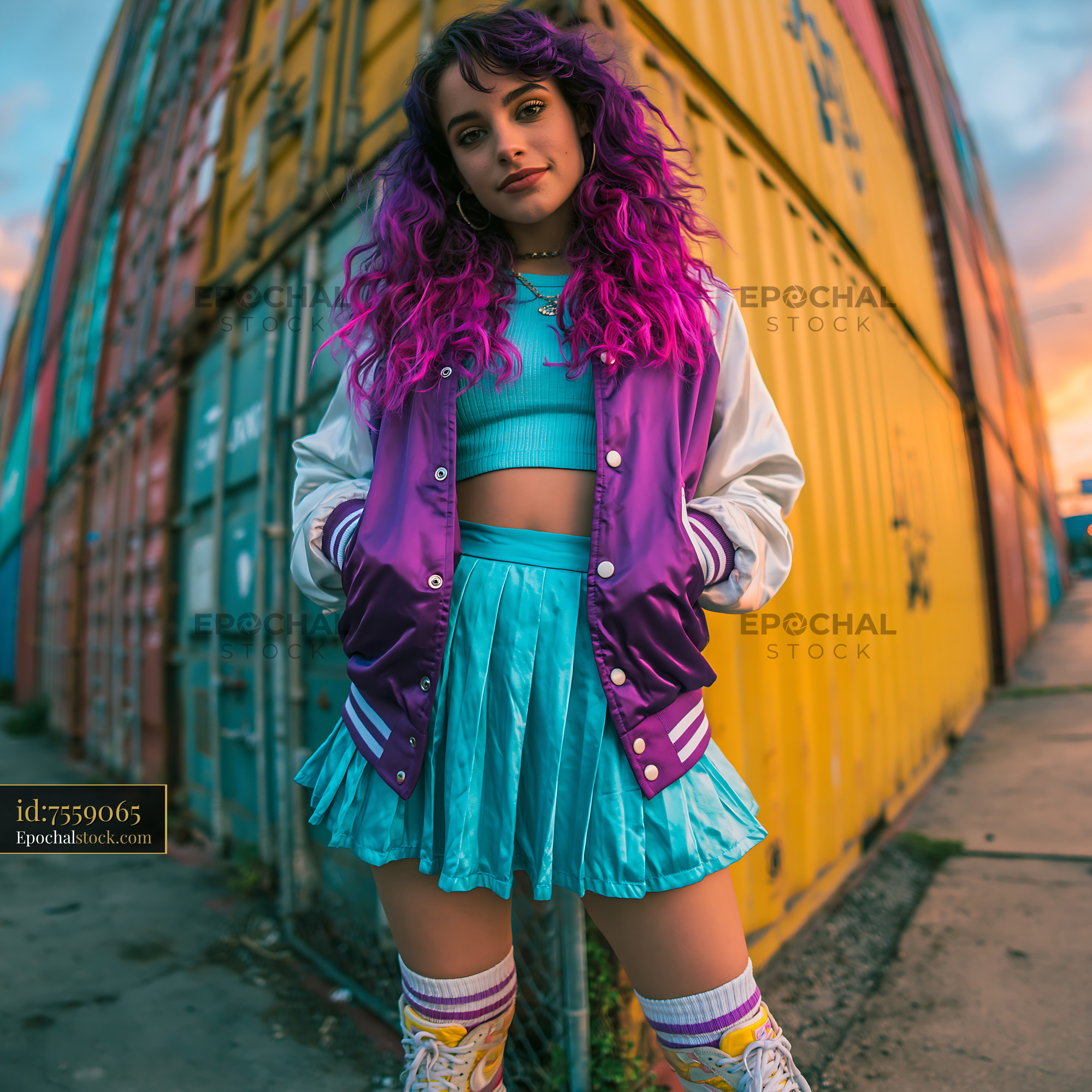 Watermarked full-resolution preview of Pink-haired woman in colorful outfit poses by containers