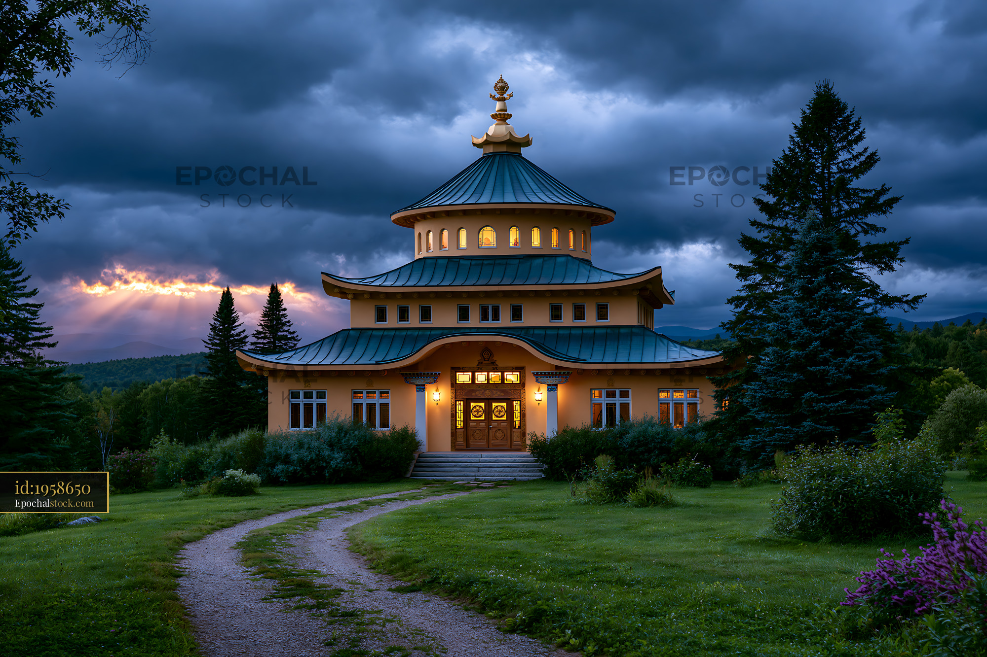 Watermarked full-resolution preview of Mountain temple under dramatic sky at dusk