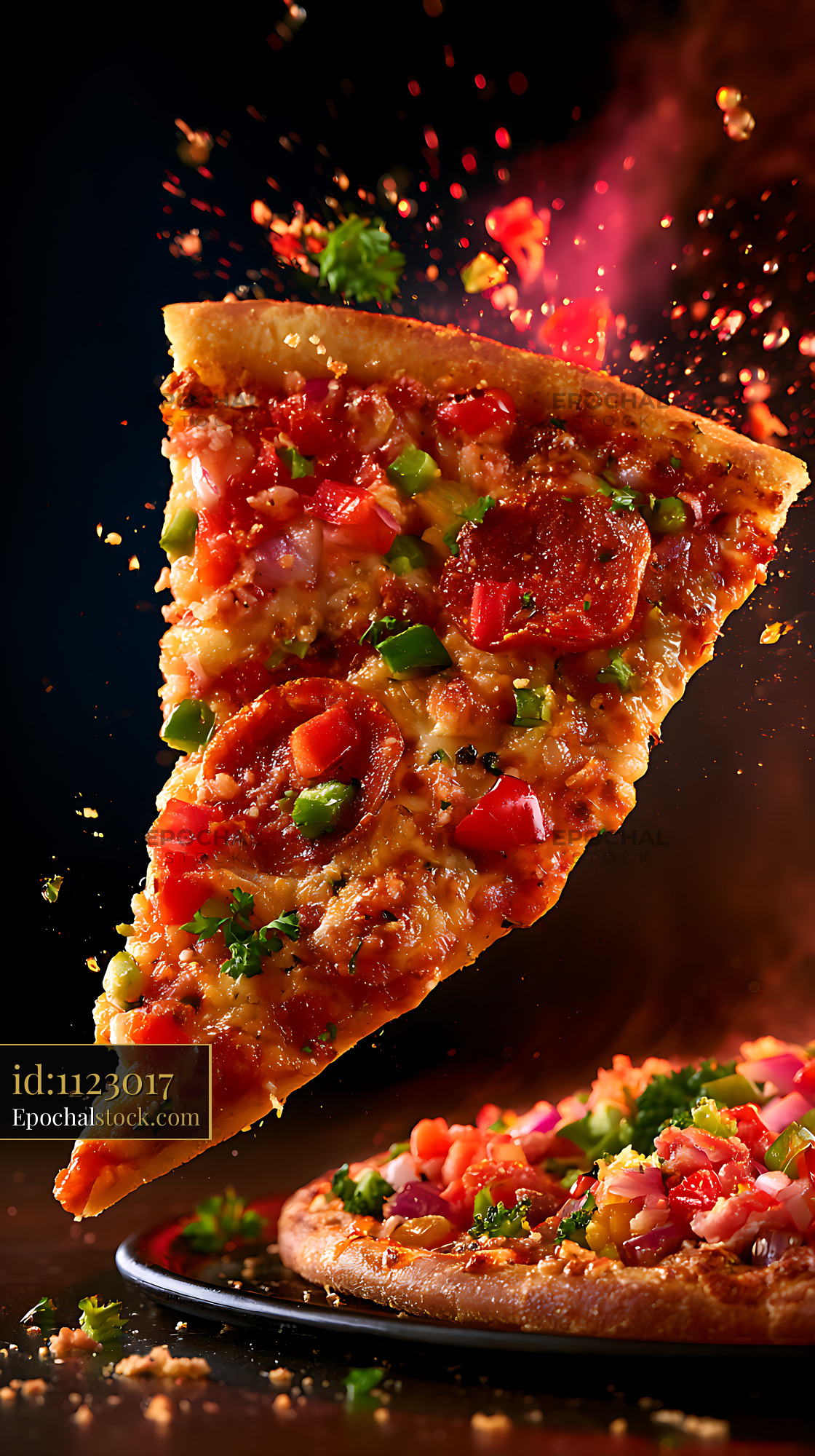 Watermarked full-resolution preview of Dramatic close-up of a loaded pizza slice