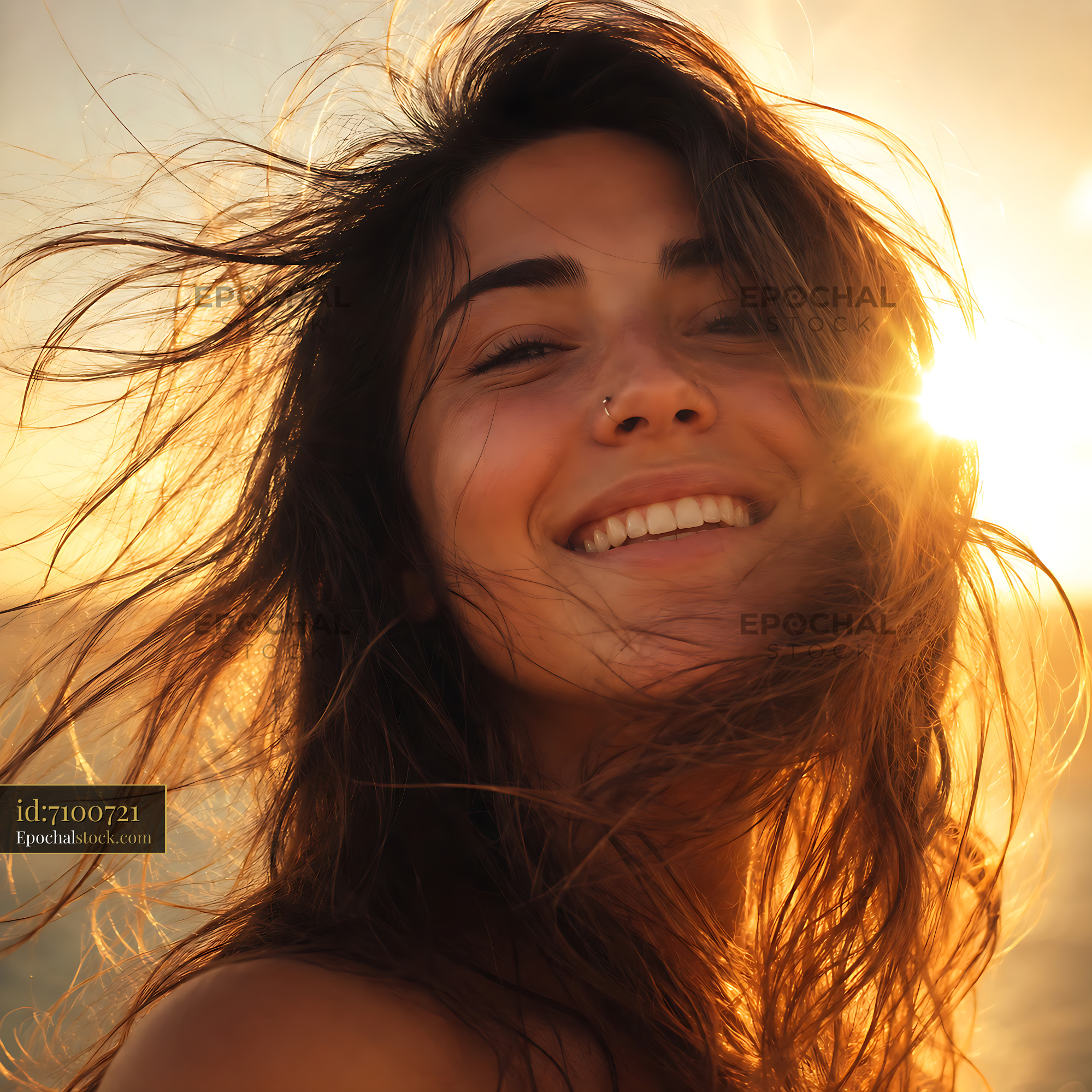 Watermarked full-resolution preview of Woman smiling during sunset with wind in her hair