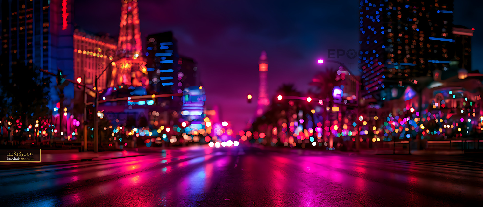 Watermarked full-resolution preview of Colorful neon city avenue with wet pavement at night