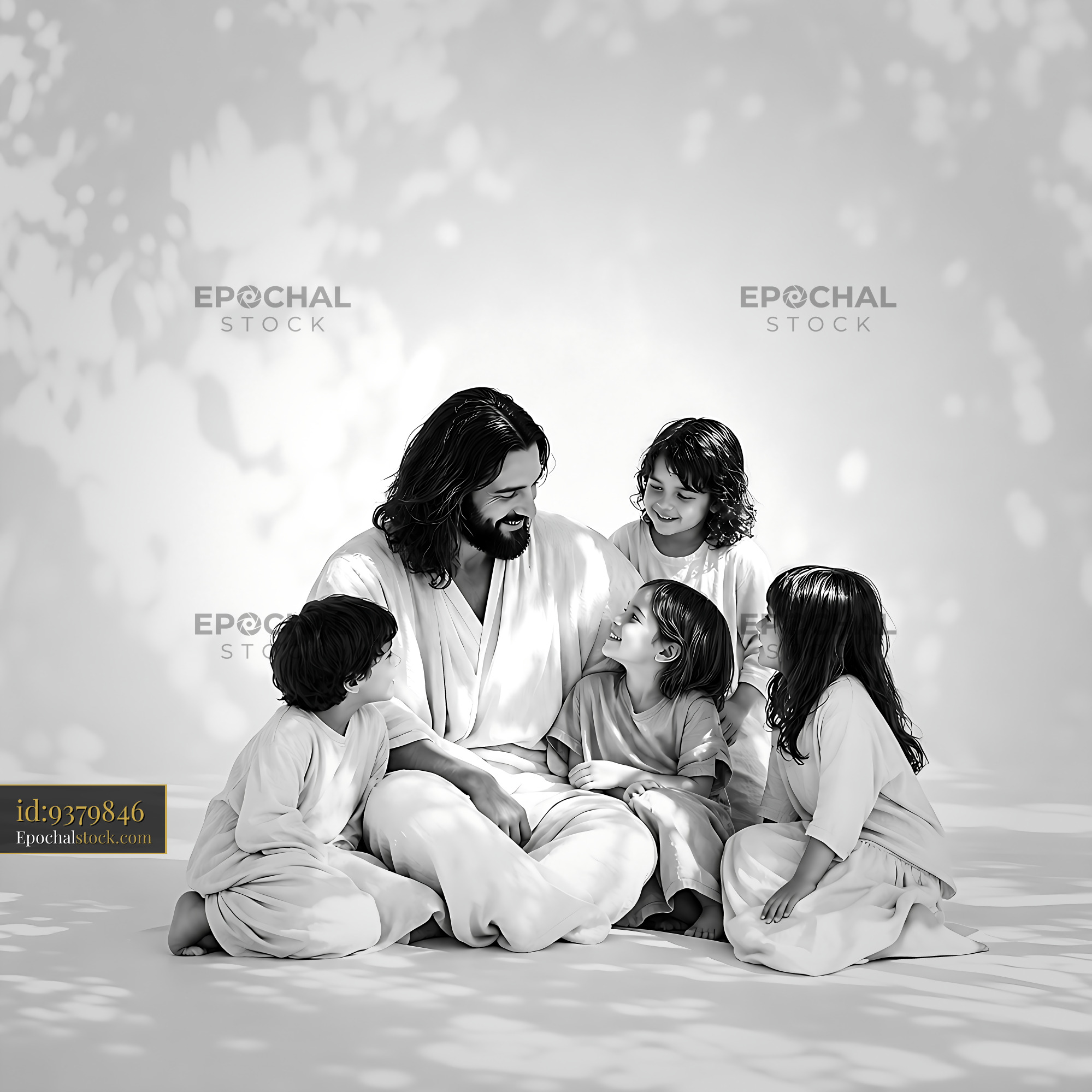 Watermarked full-resolution preview of Jesus sitting with children in a warm and friendly gathering