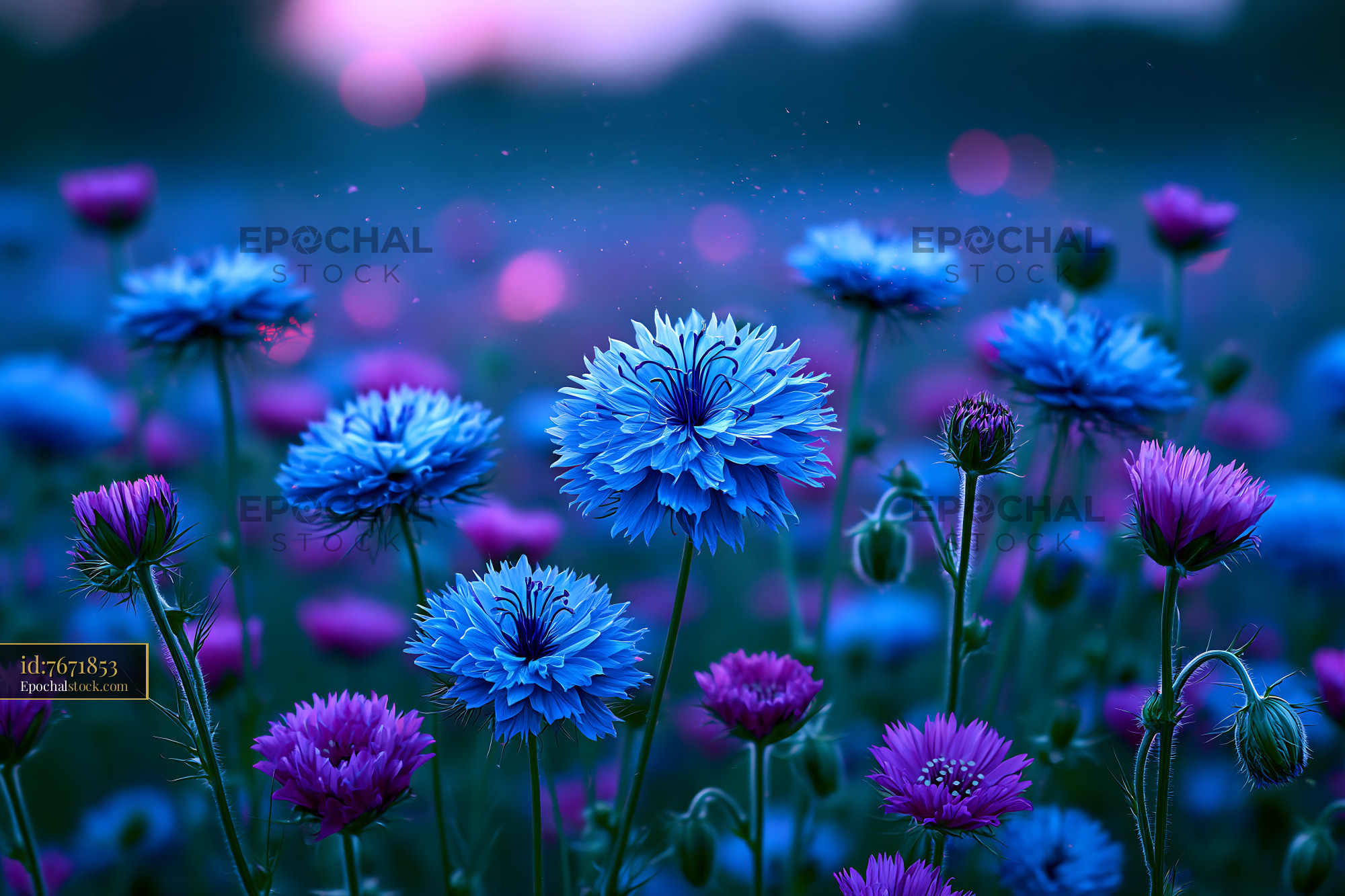 Flowers Bloom in a Field Under a Twilight Sky With Soft Colors - stock photo