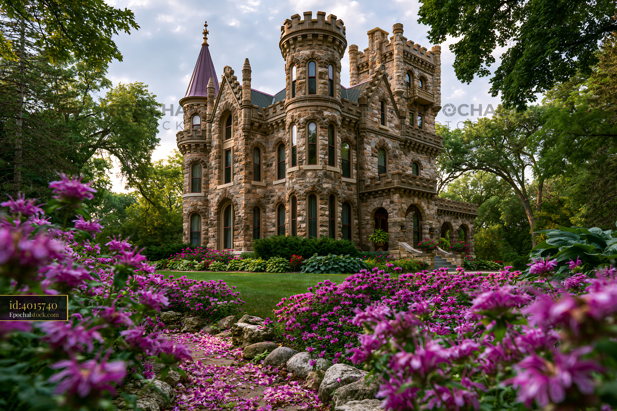 Watermarked full-resolution preview of Historic castle surrounded by flowers in a garden