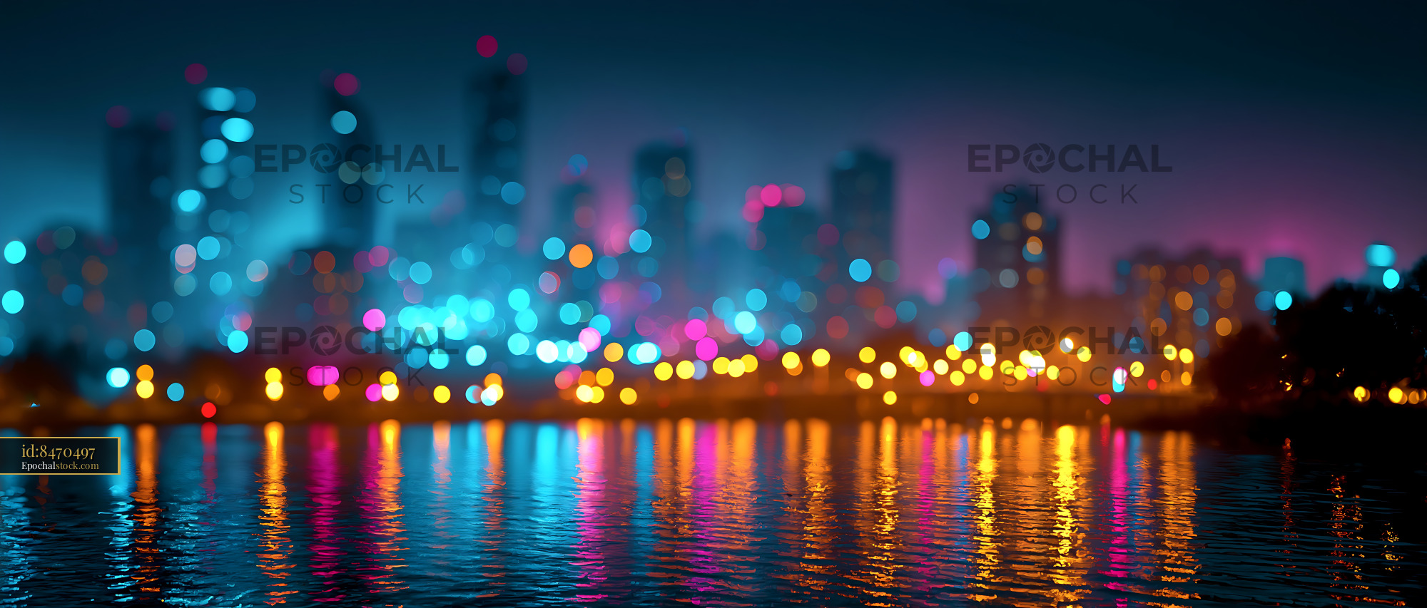 City Skyline Reflects in Water With Colorful Lights at Night - stock photo