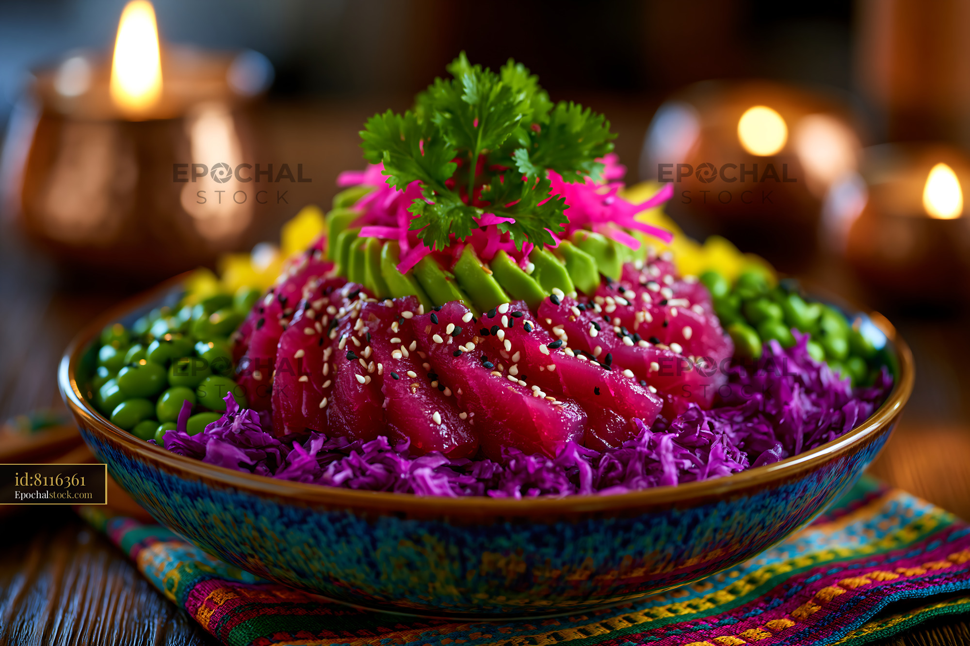 Watermarked full-resolution preview of Colorful bowl of fresh seafood and vegetables on a wooden table
