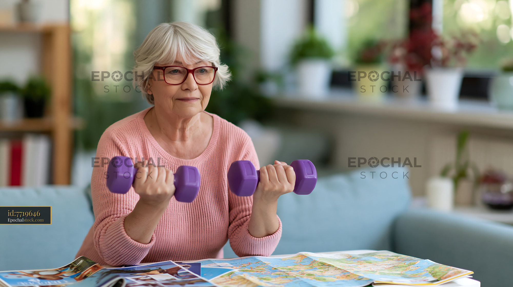 Watermarked full-resolution preview of Older woman lifting dumbbells at home