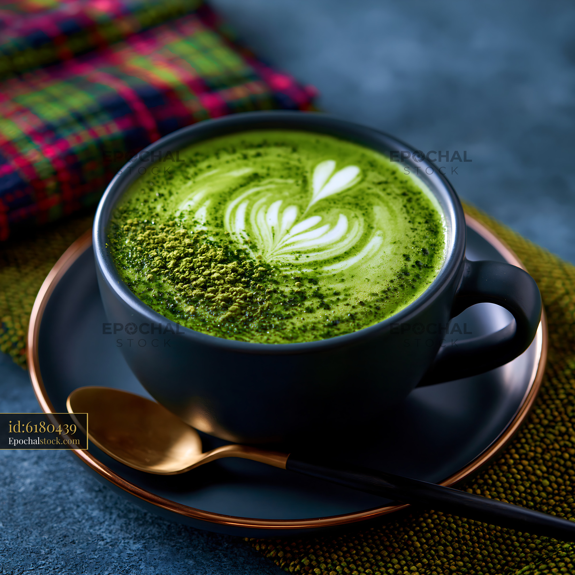 Watermarked full-resolution preview of Matcha tea with latte art in a black cup on a blue surface