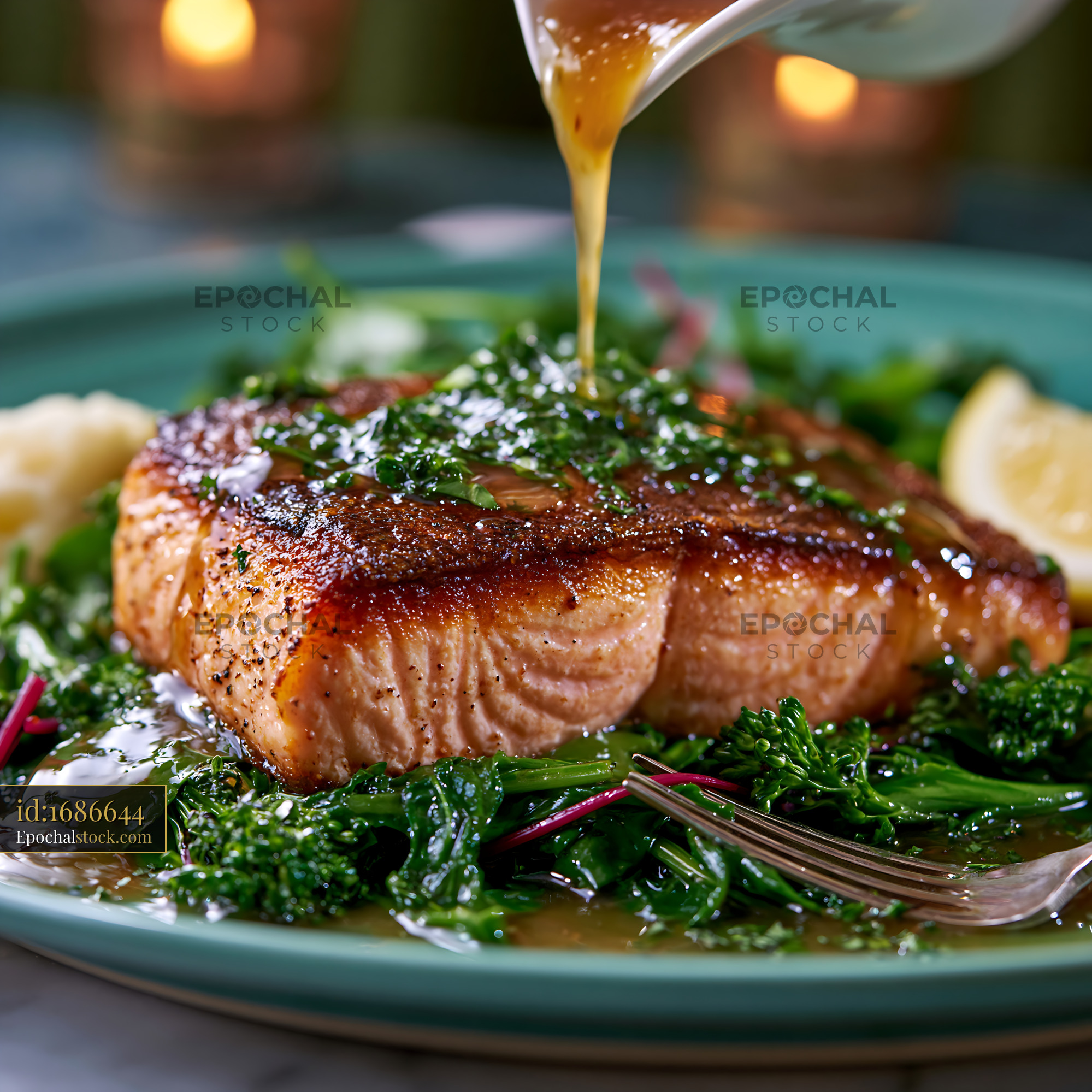 Watermarked full-resolution preview of Cooked salmon fillet with sauce and greens on a plate