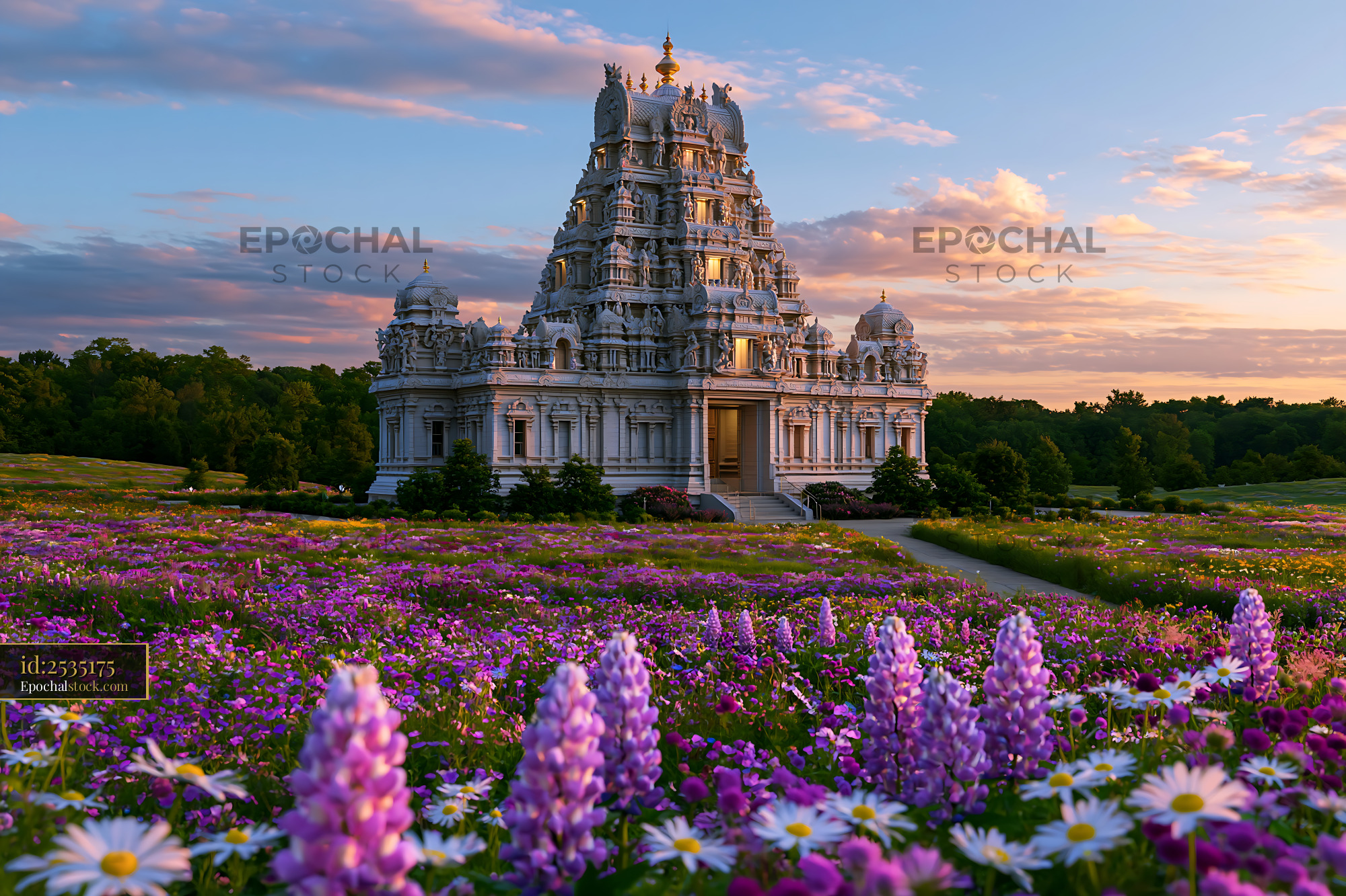 Watermarked full-resolution preview of Temple surrounded by flowers at sunset in a scenic landscape