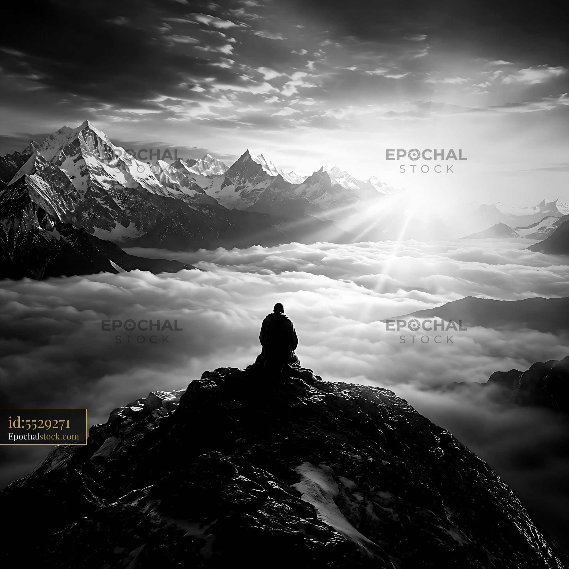 Watermarked full-resolution preview of Man sitting on rock overlooking clouds and mountain range