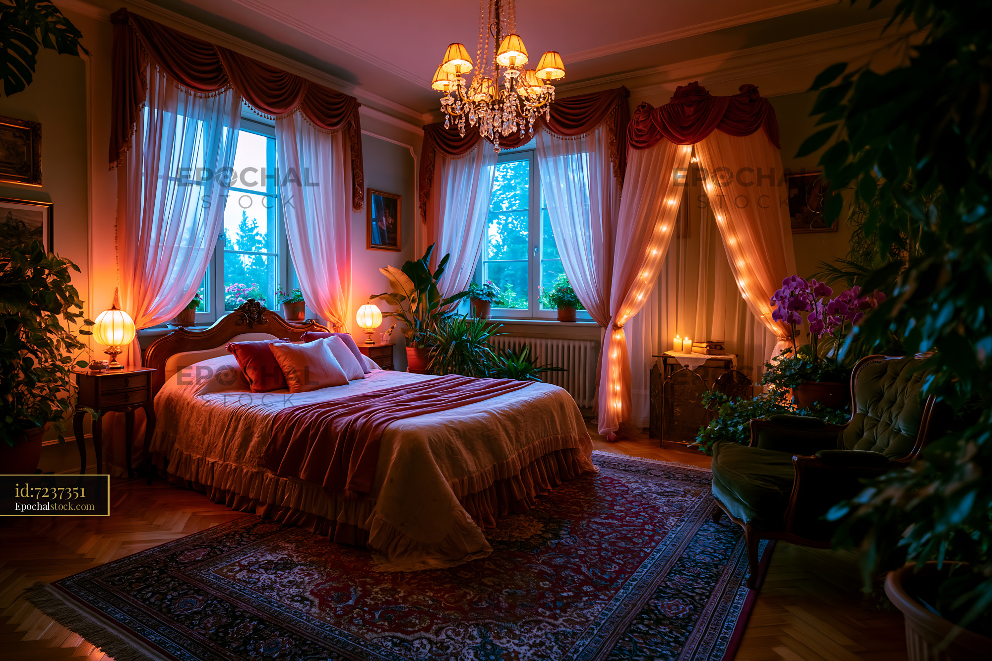 Romantic Bedroom With Canopy Bed and Warm Lighting — stock example for GPT Image 1 cost control