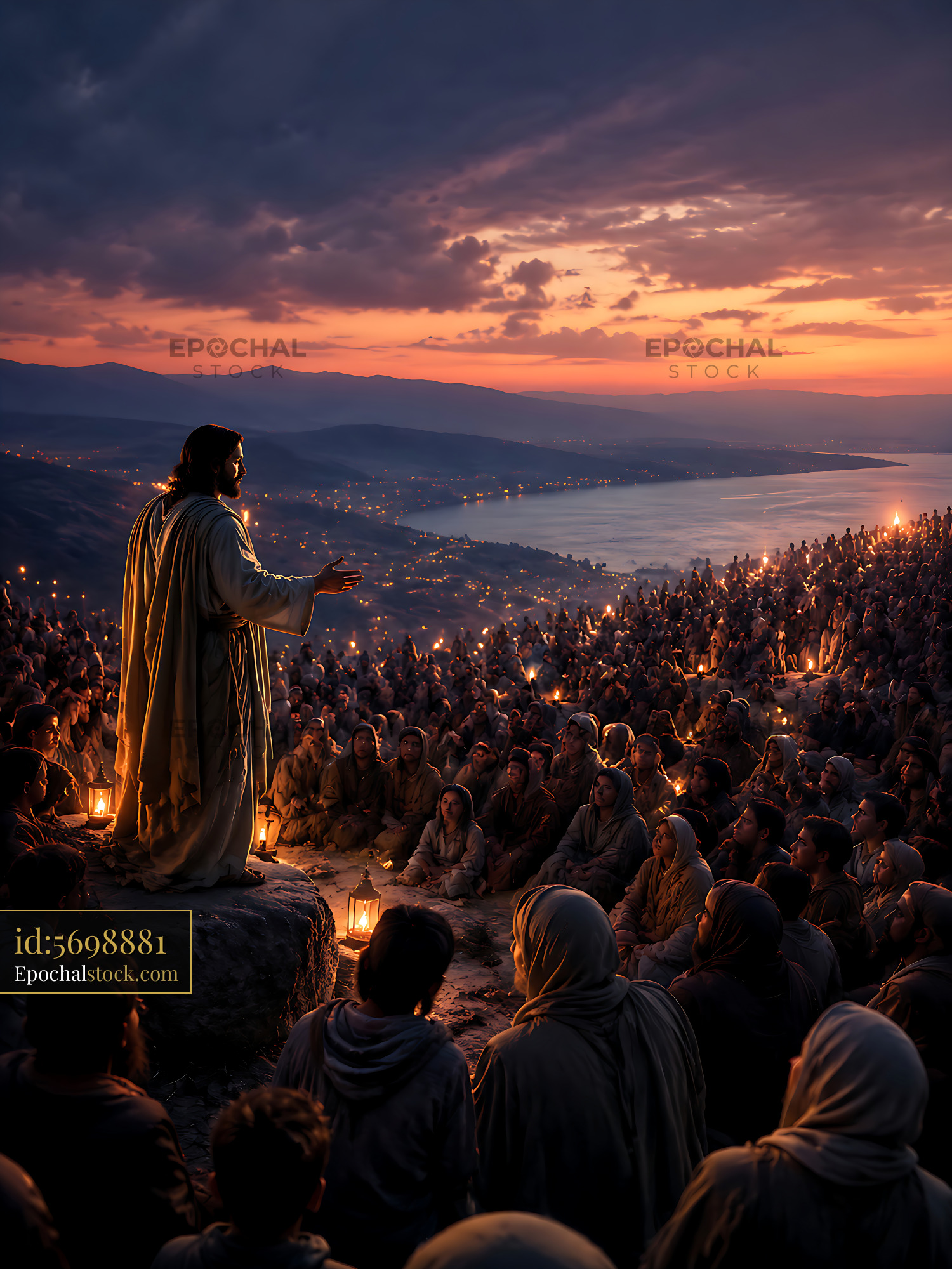 Watermarked full-resolution preview of Crowd listening to a speaker during sunset on a mountain