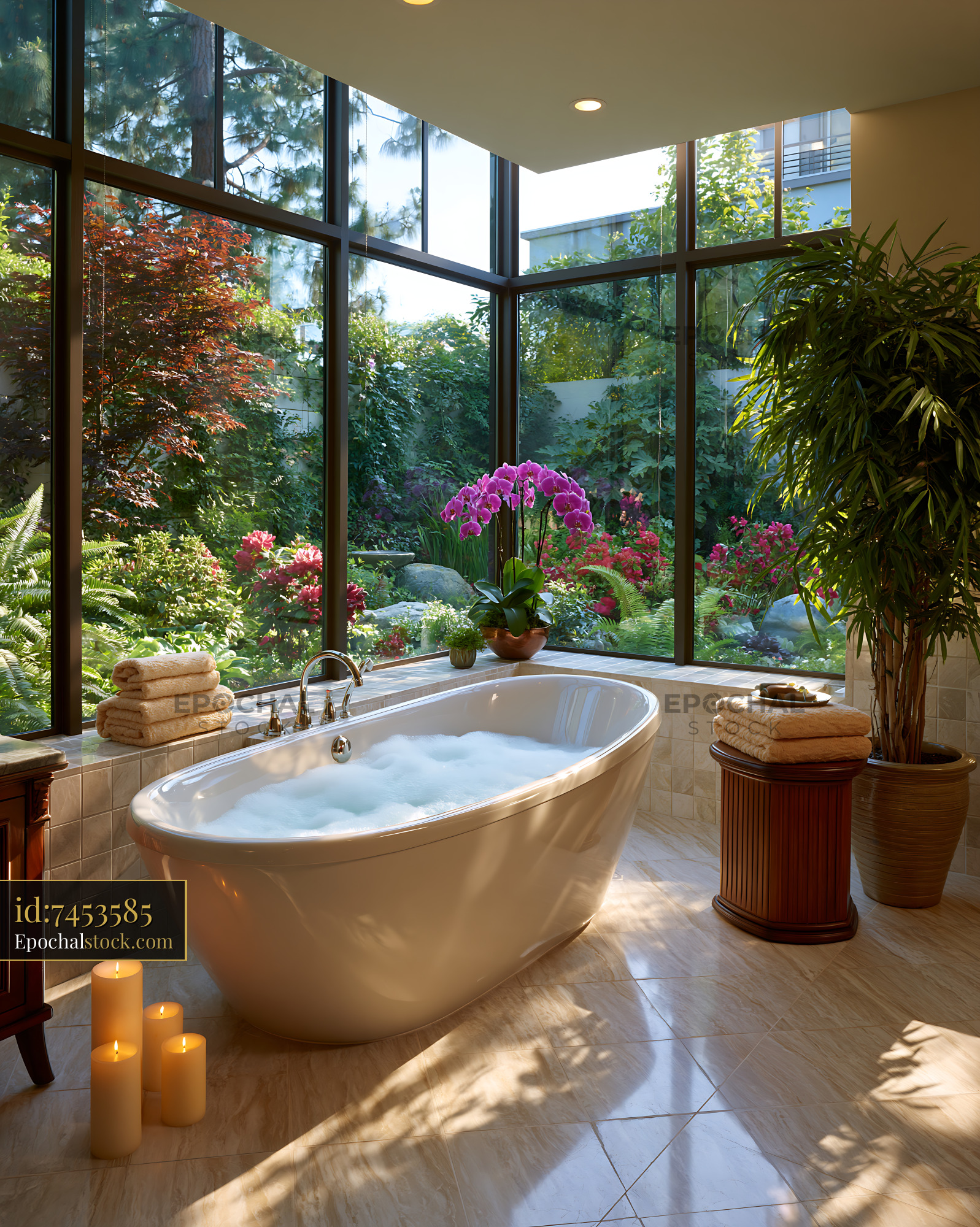 Watermarked full-resolution preview of Relaxing setting with a bathtub and garden view