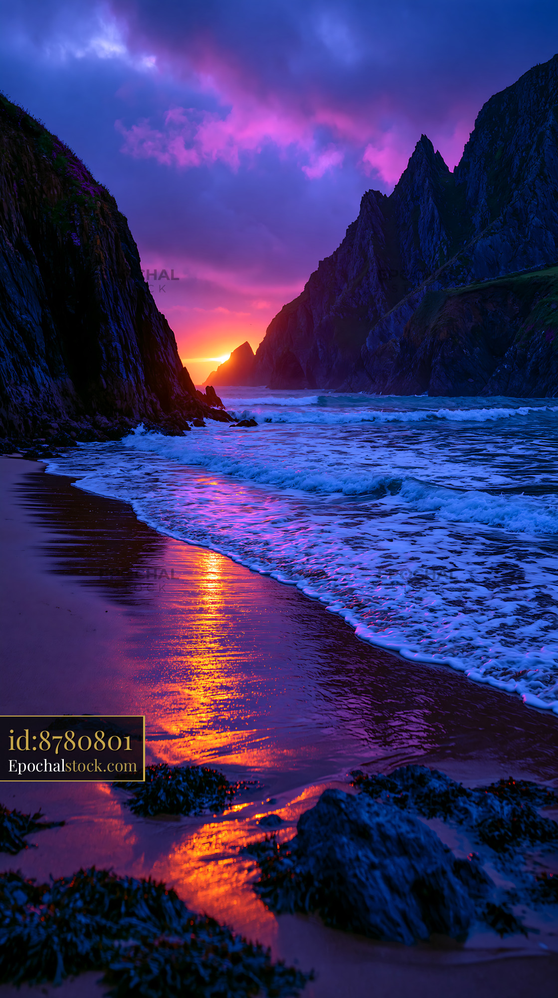Watermarked full-resolution preview of Sunset over the ocean at the rocky beach
