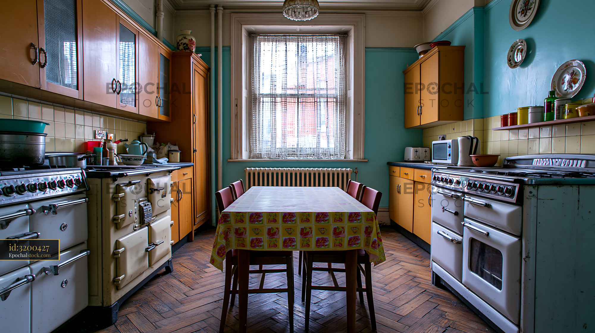 Watermarked full-resolution preview of Bright kitchen with vintage appliances and wooden flooring