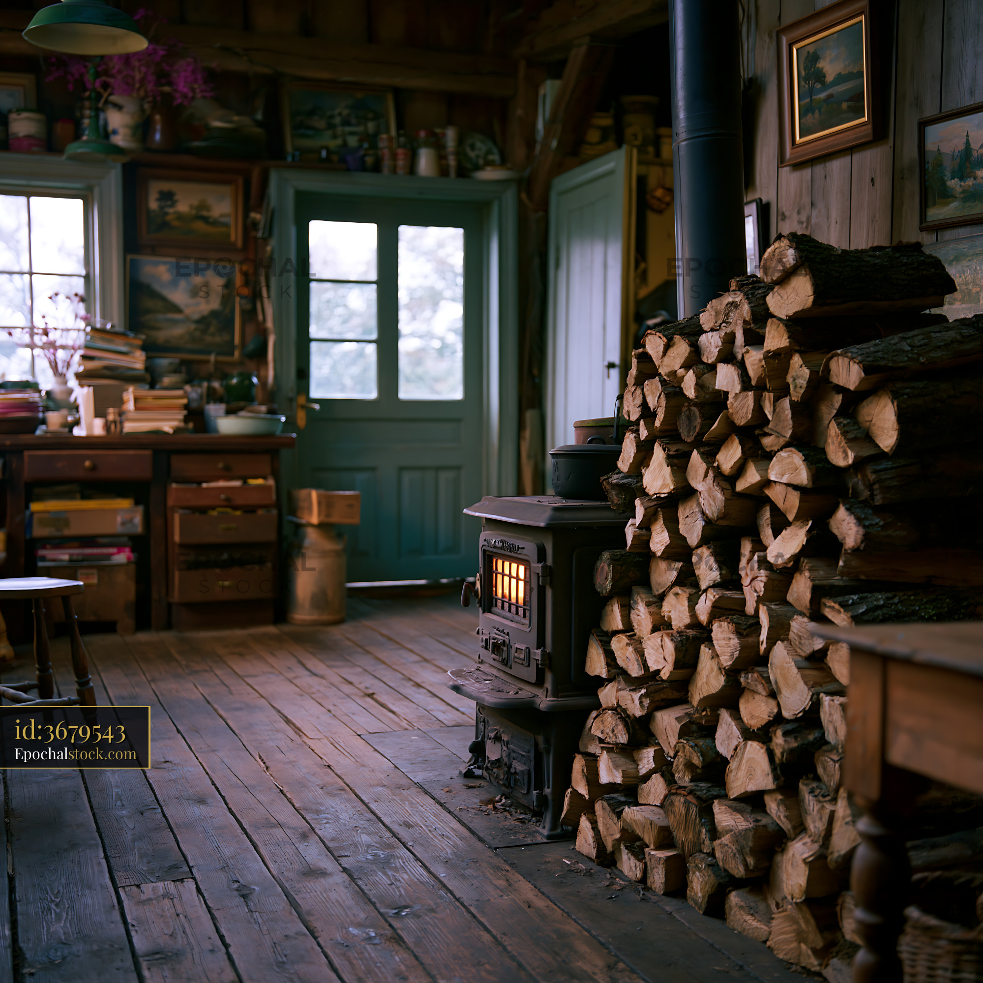 Watermarked full-resolution preview of Cozy interior with a wood stove and stacks of firewood