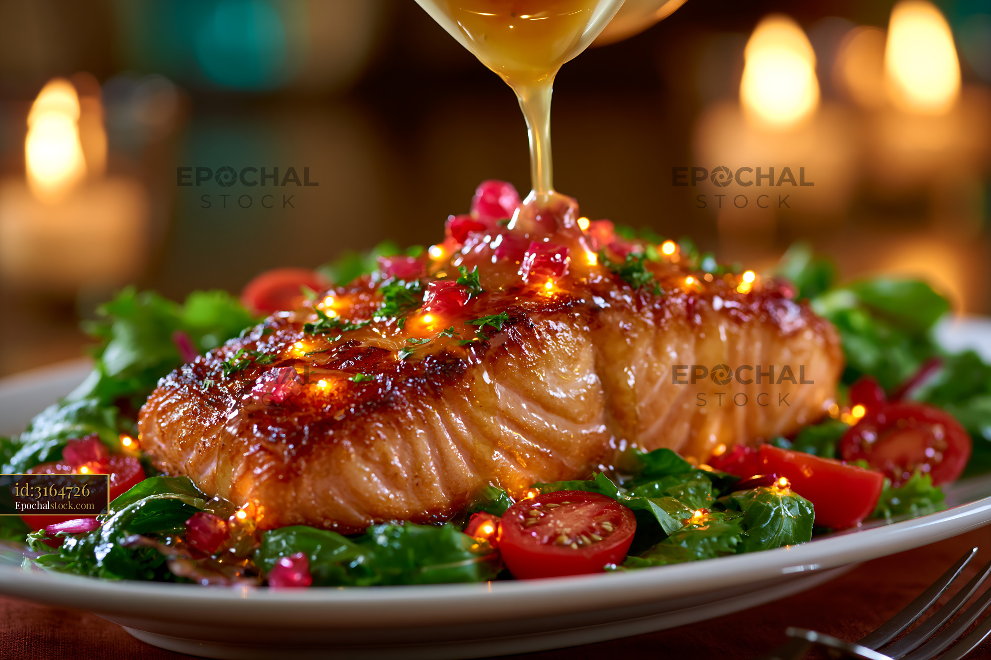 Watermarked full-resolution preview of Salmon dish with tomatoes and greens served on a plate