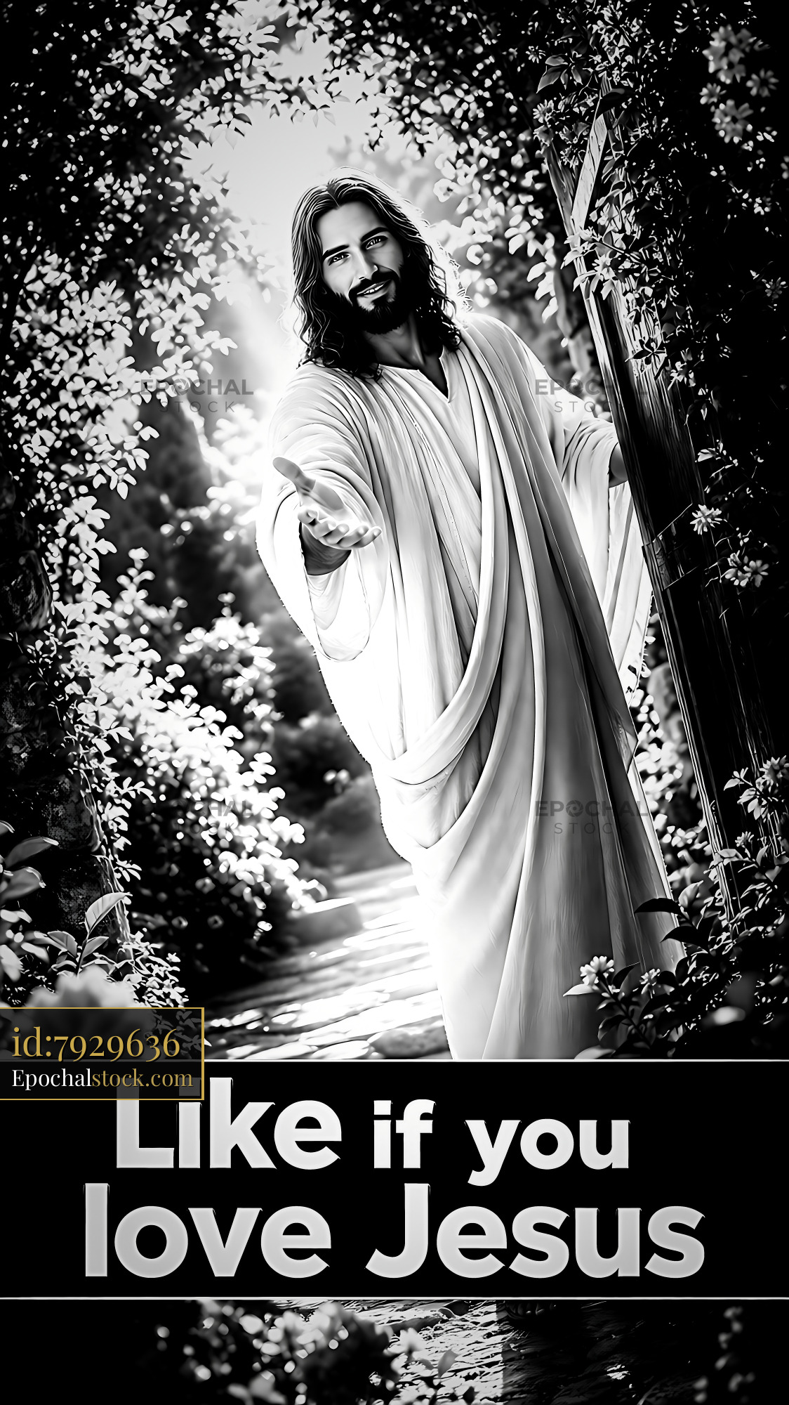 Watermarked full-resolution preview of Jesus standing by a garden path inviting followers