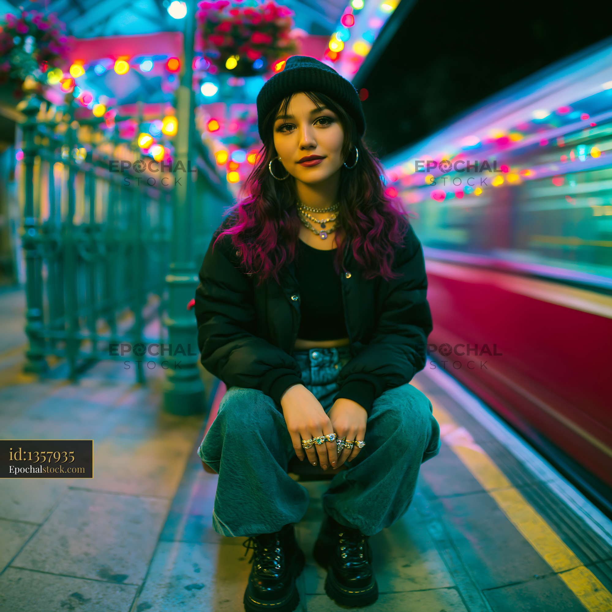 Watermarked full-resolution preview of Woman sitting on street at night with lights in background