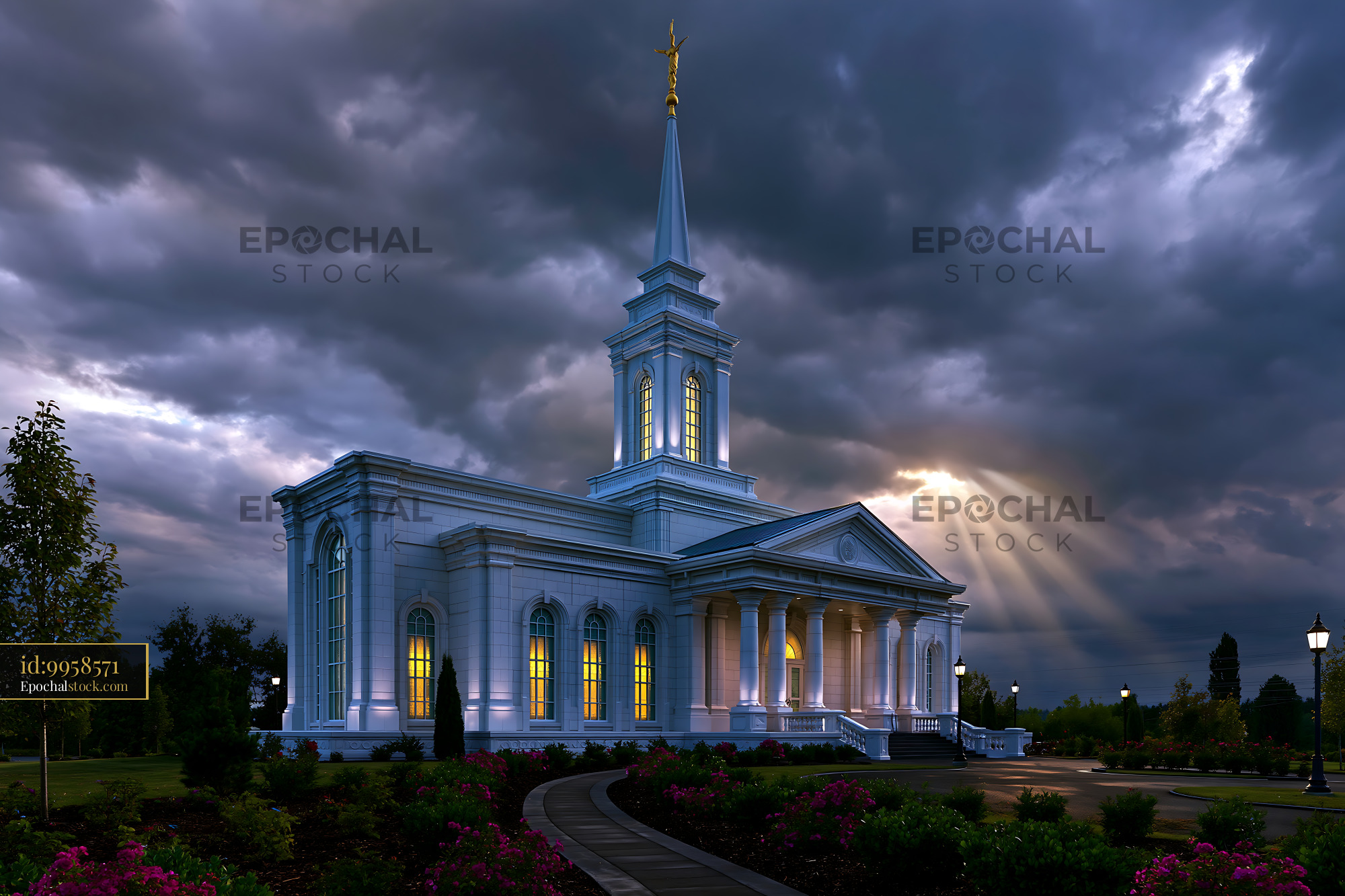 Watermarked full-resolution preview of Church building under dramatic sky with clouds at sunset
