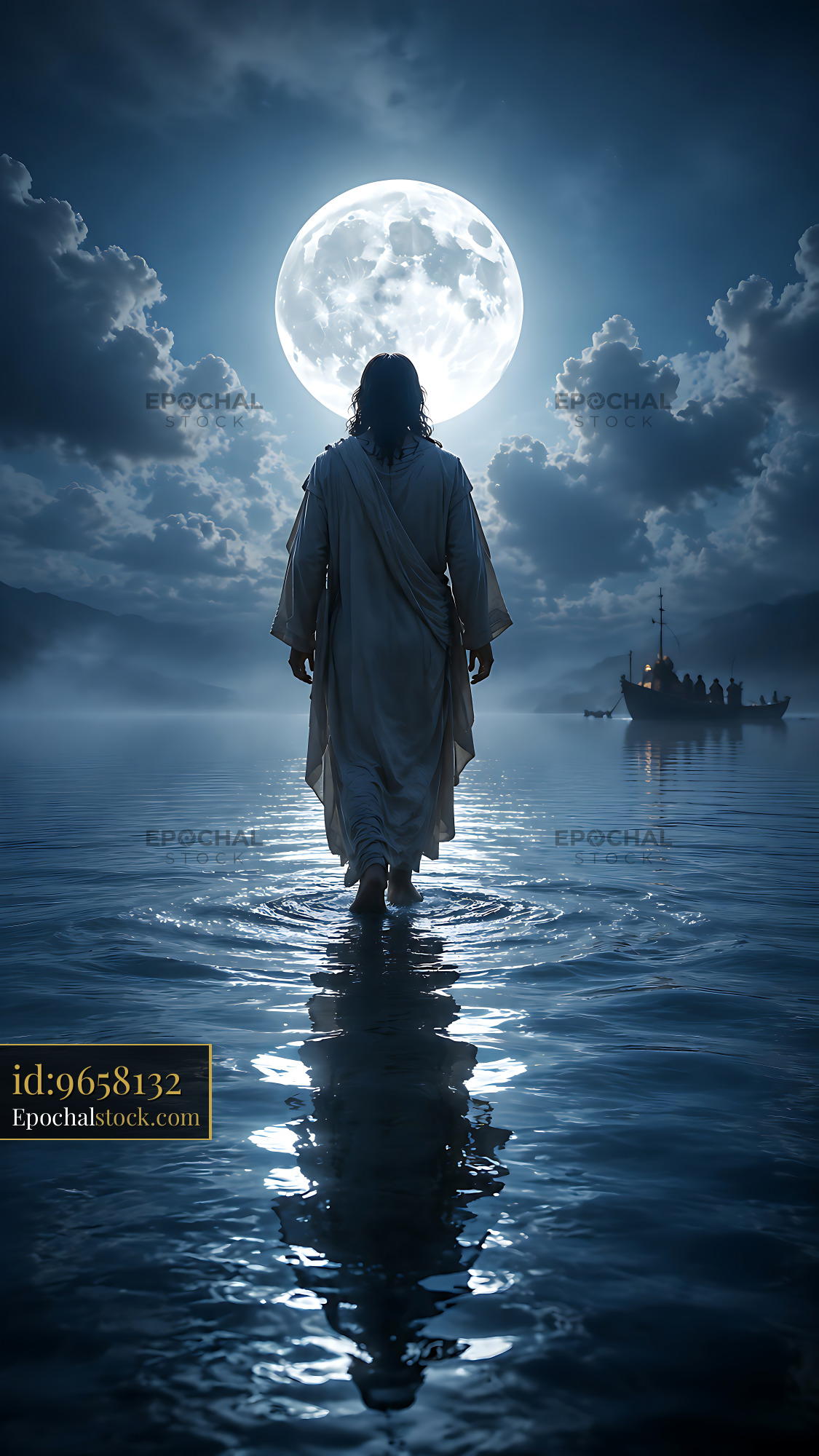 Watermarked full-resolution preview of Person walking on water under a large moon