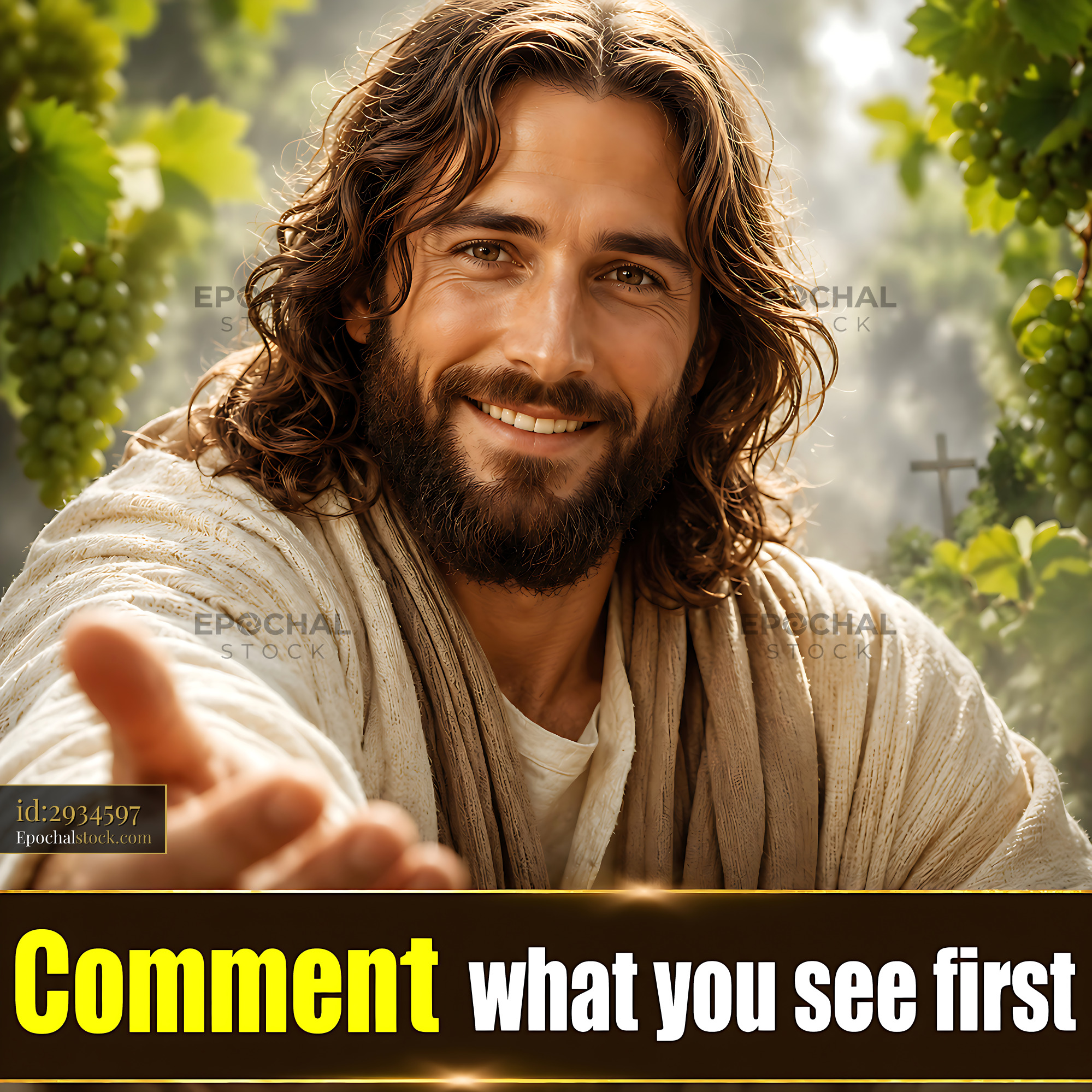 Watermarked full-resolution preview of Man with long hair extends hand in a vineyard setting
