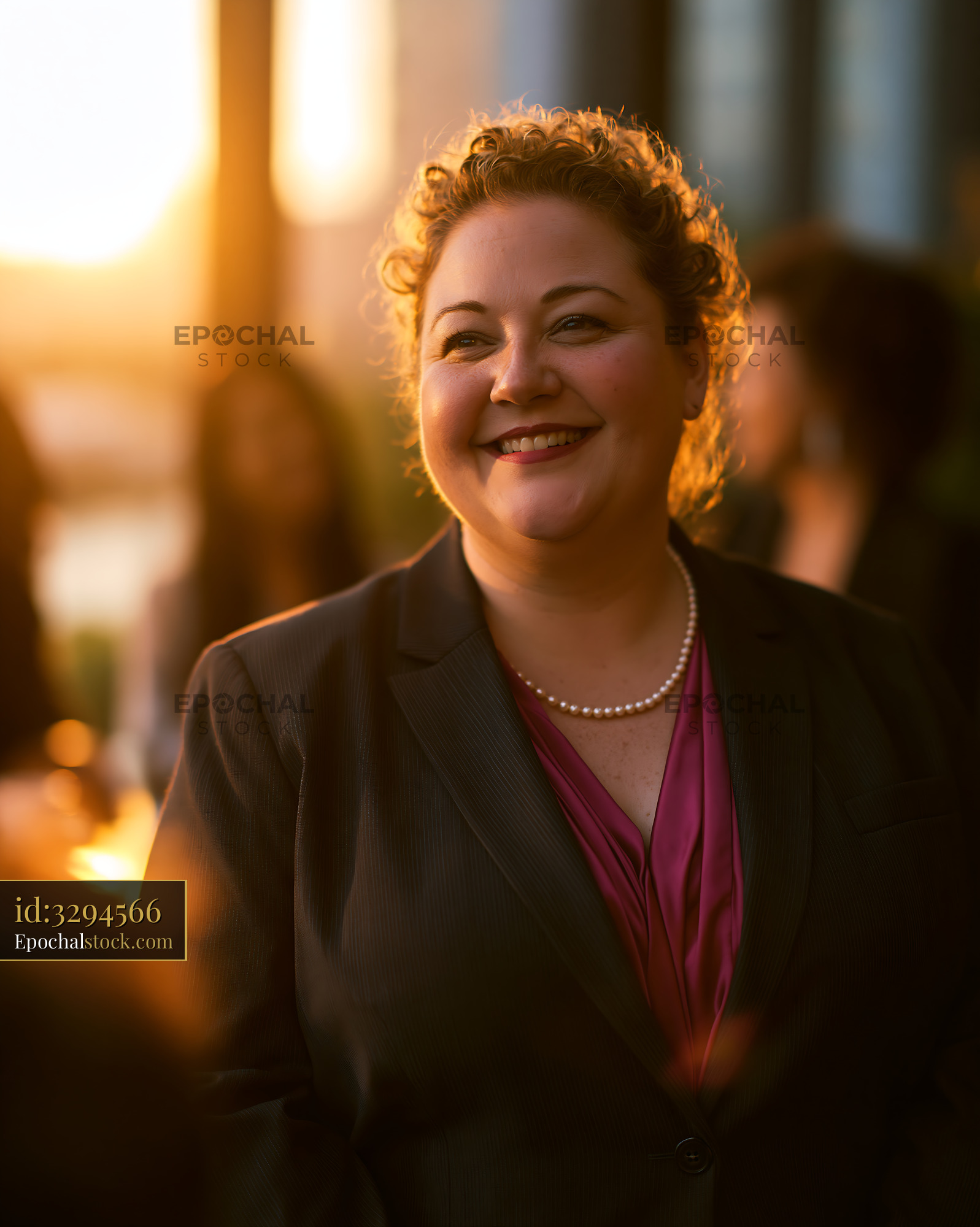 Watermarked full-resolution preview of Woman in business attire smiling during sunset event