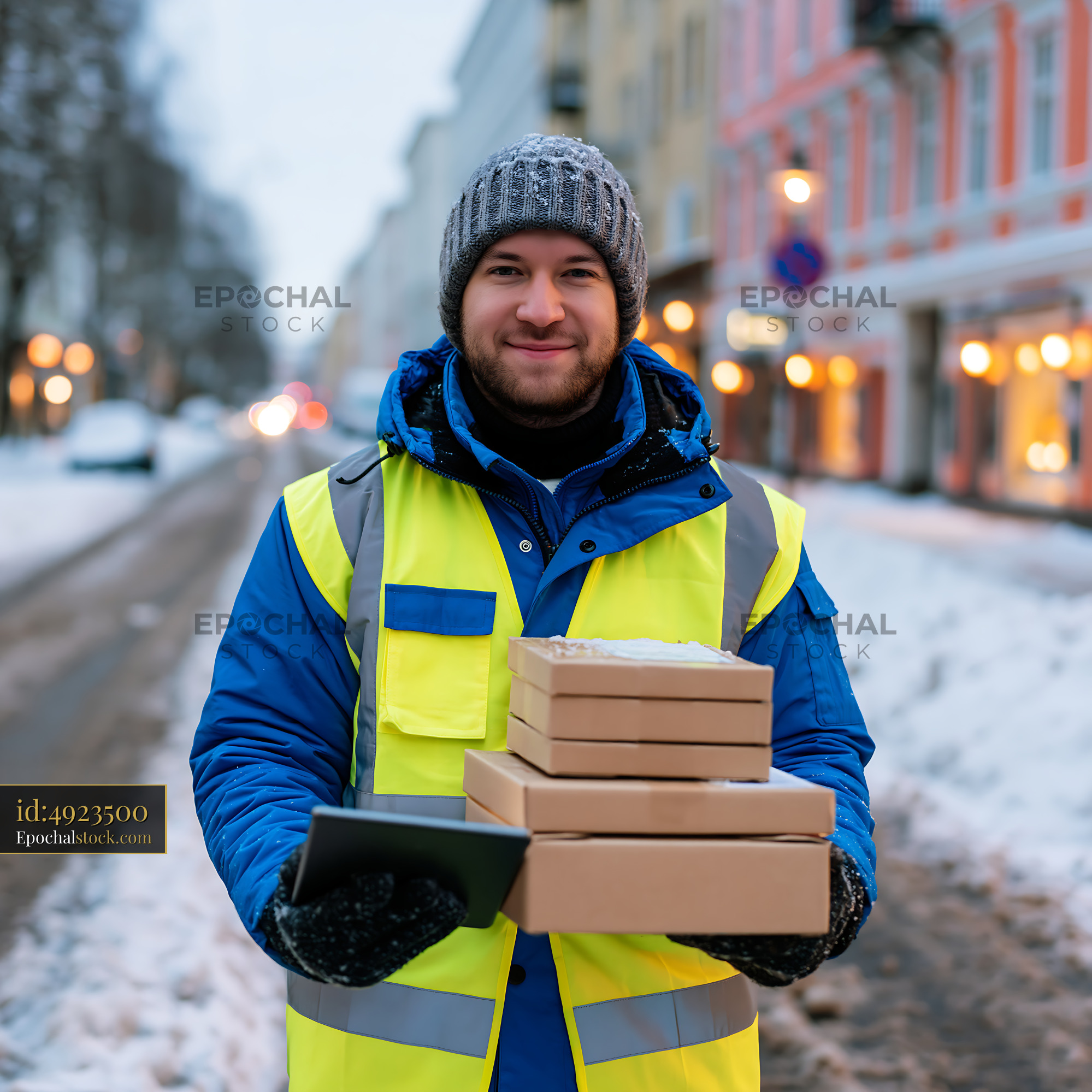 Watermarked full-resolution preview of Delivery worker holding packages on a snowy street