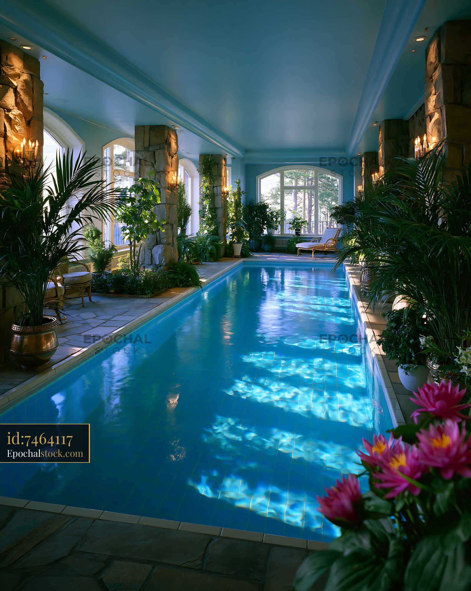 Watermarked full-resolution preview of Indoor swimming pool with plants and natural light in building