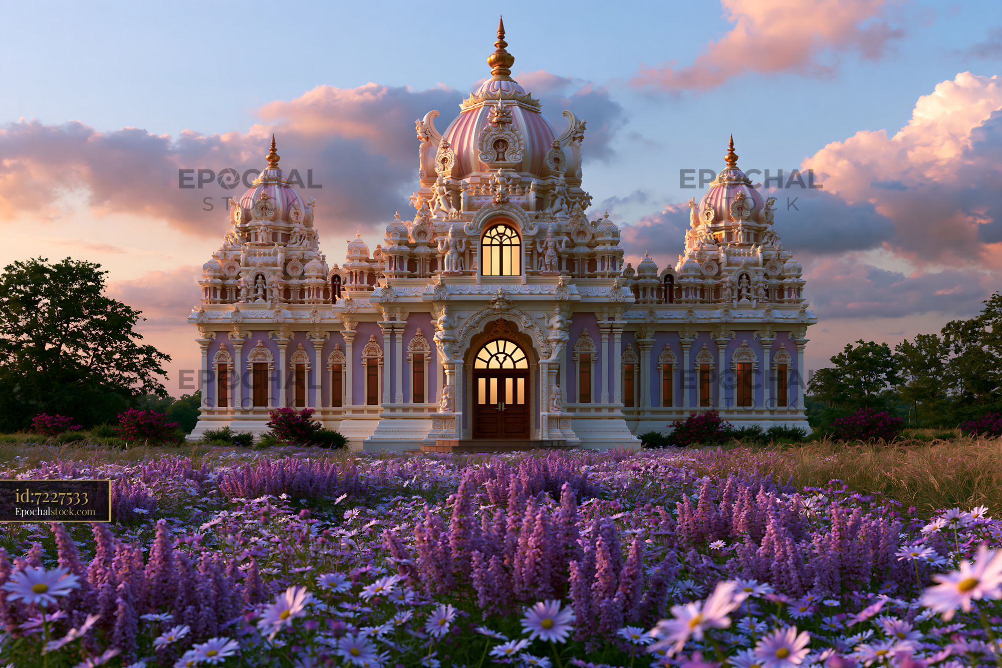 Watermarked full-resolution preview of Historic temple at sunset surrounded by flowers