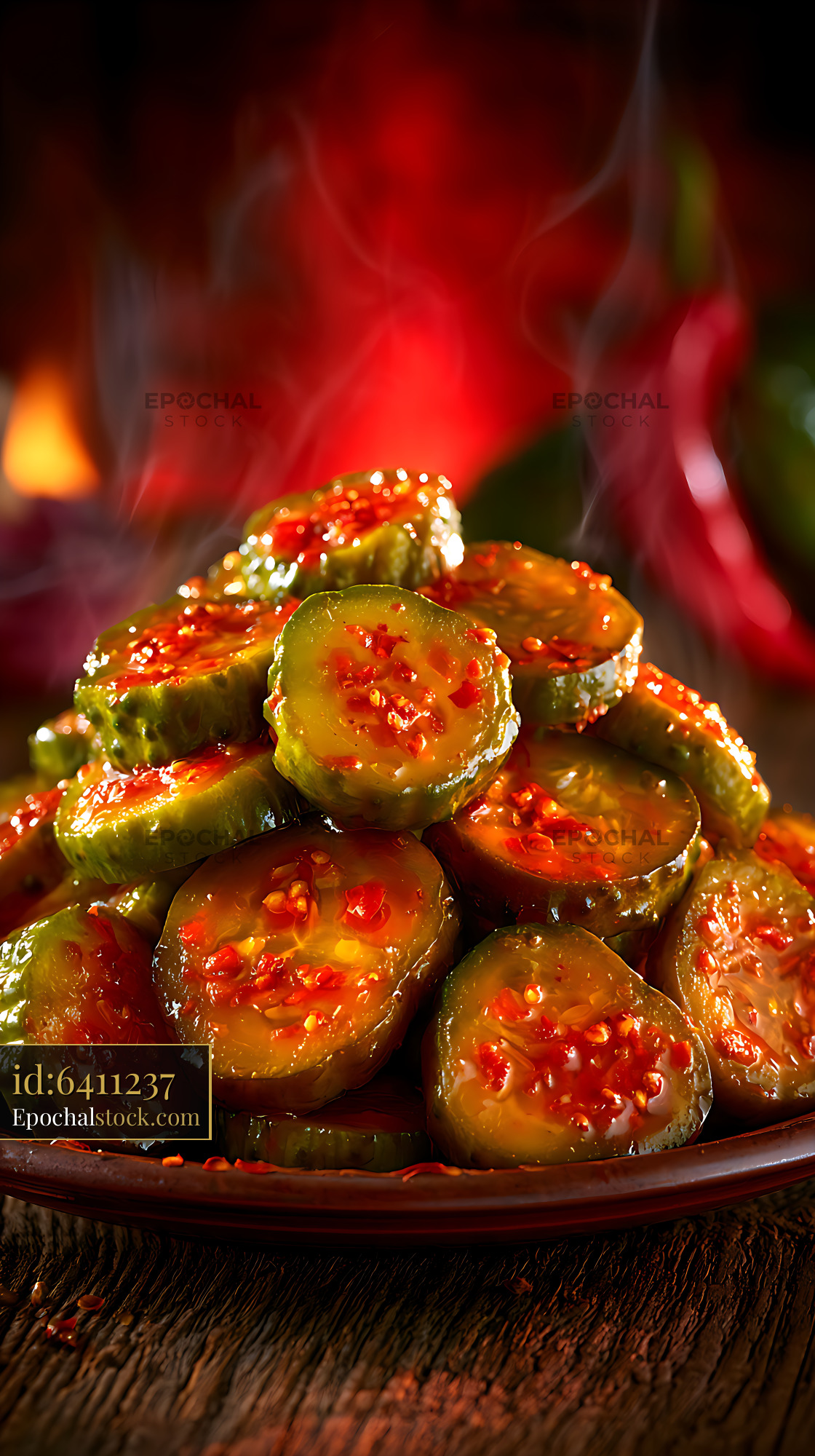 Watermarked full-resolution preview of Glossy spicy cucumber slices on a rustic plate