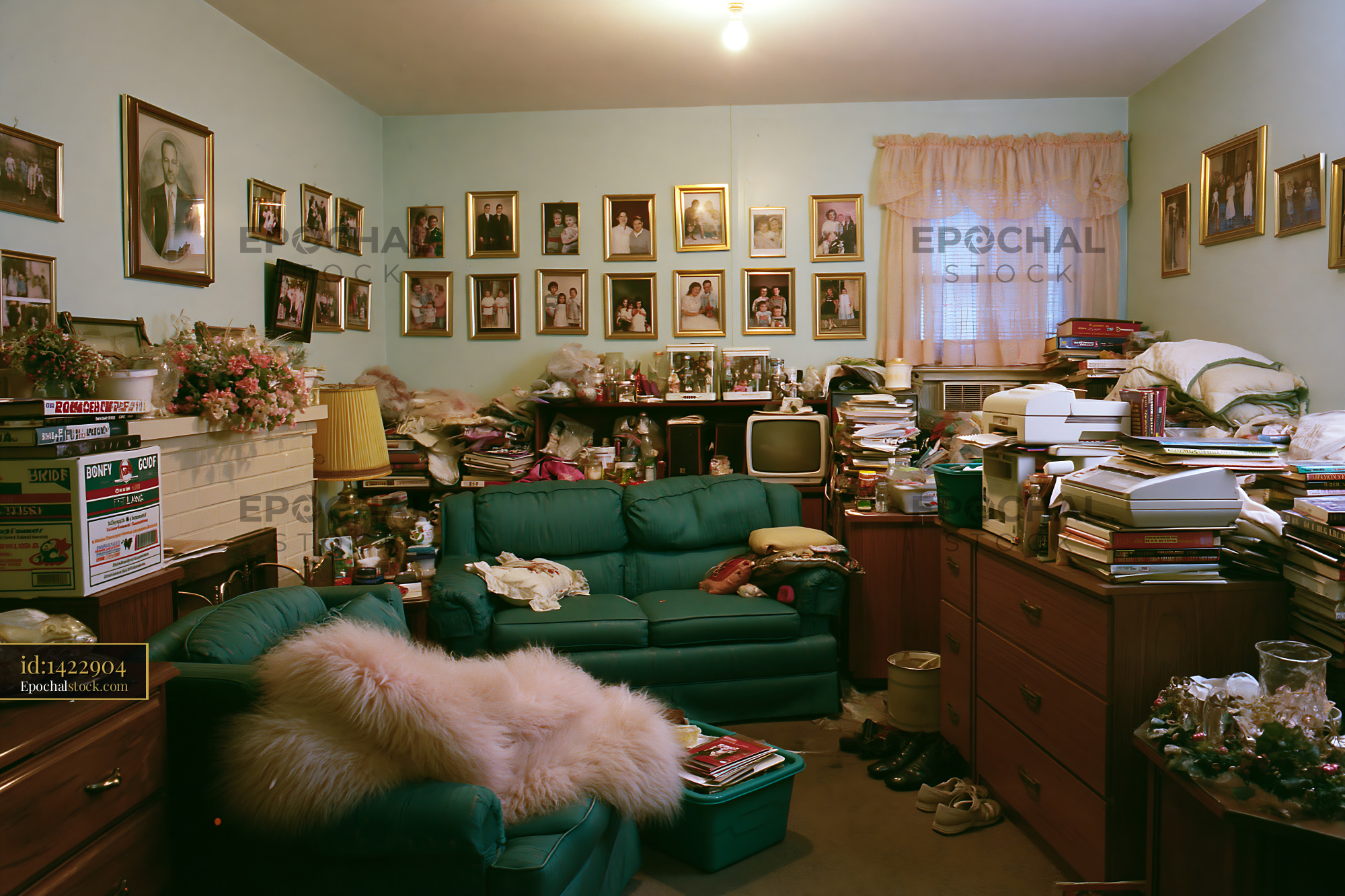 Watermarked full-resolution preview of Cluttered living room filled with old photographs and items
