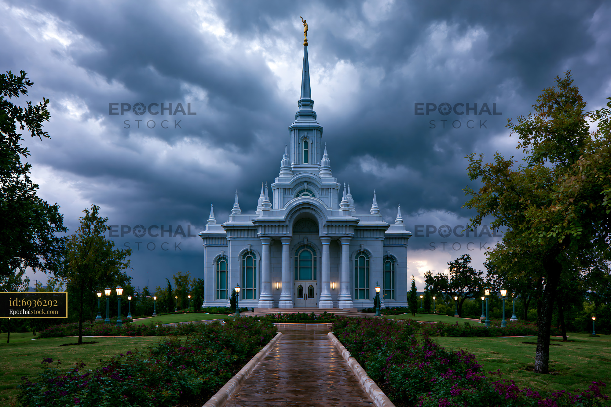 Watermarked full-resolution preview of White church building stands under dark stormy sky
