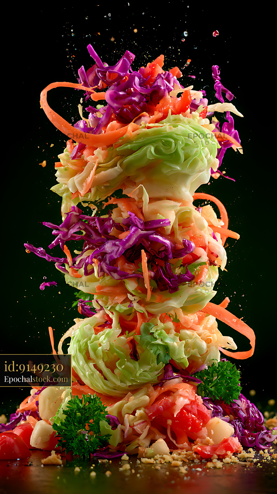 Watermarked full-resolution preview of Vibrant layered vegetable salad with suspended food pieces