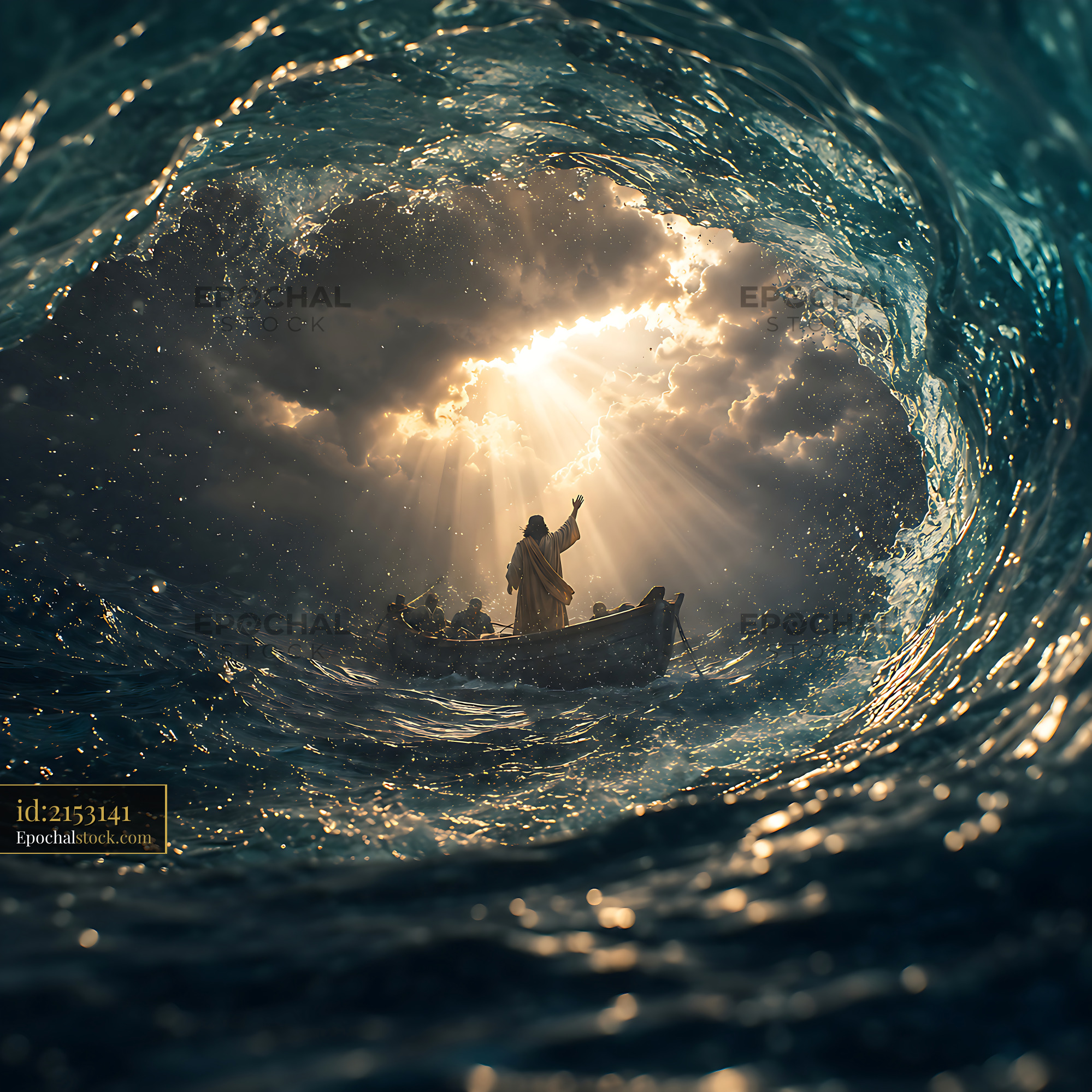 Jesus Stands in a Boat During a Storm, Rays of Light Shining Down - stock photo